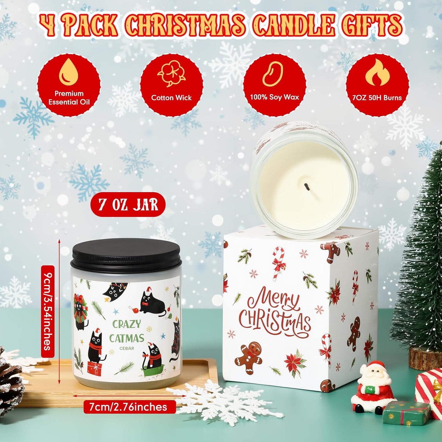 4 Pack Christmas Gifts Scented Candles Set 7Oz Soy Wax Winter Holiday Jar Candle Gingerbread Men Catmas Reindeer Box 4 Scents Xmas Cookies Vanilla Cream Apple Pie Cedar For Women And Mom