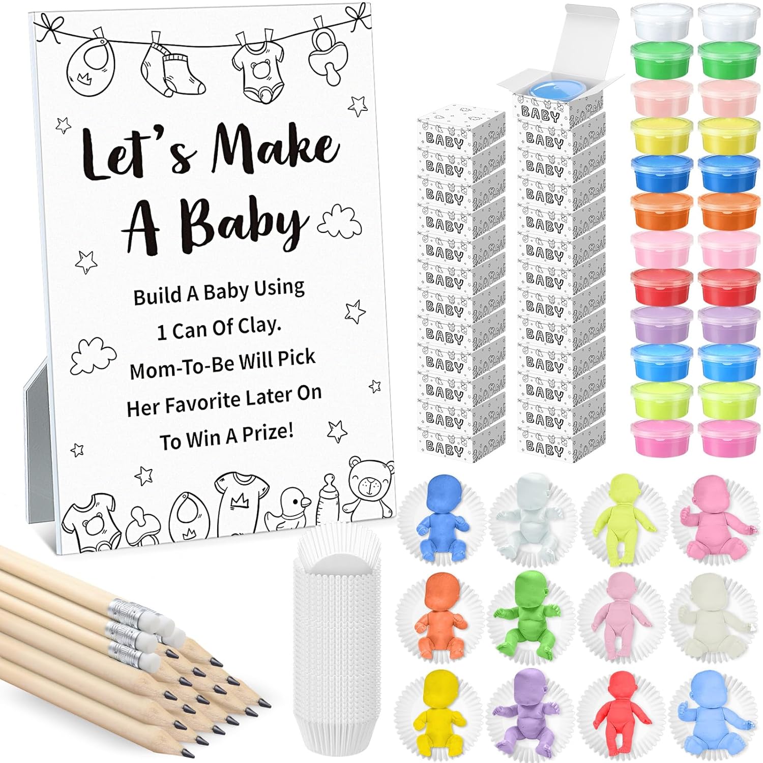 Funny Baby Shower Games Decorations Let'S Make A Baby Playdough Game Sign Set 24 Play Doughs 24 Pencils Shower Gender Reveal Game Activities Adults Boys Girls(Black And White Babysuit)