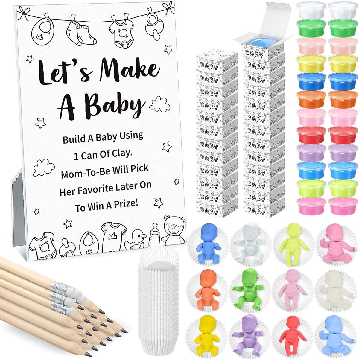 Funny Baby Shower Games Decorations Let'S Make A Baby Playdough Game Sign Set 24 Play Doughs 24 Pencils Shower Gender Reveal Game Activities Adults Boys Girls(Black And White Babysuit)