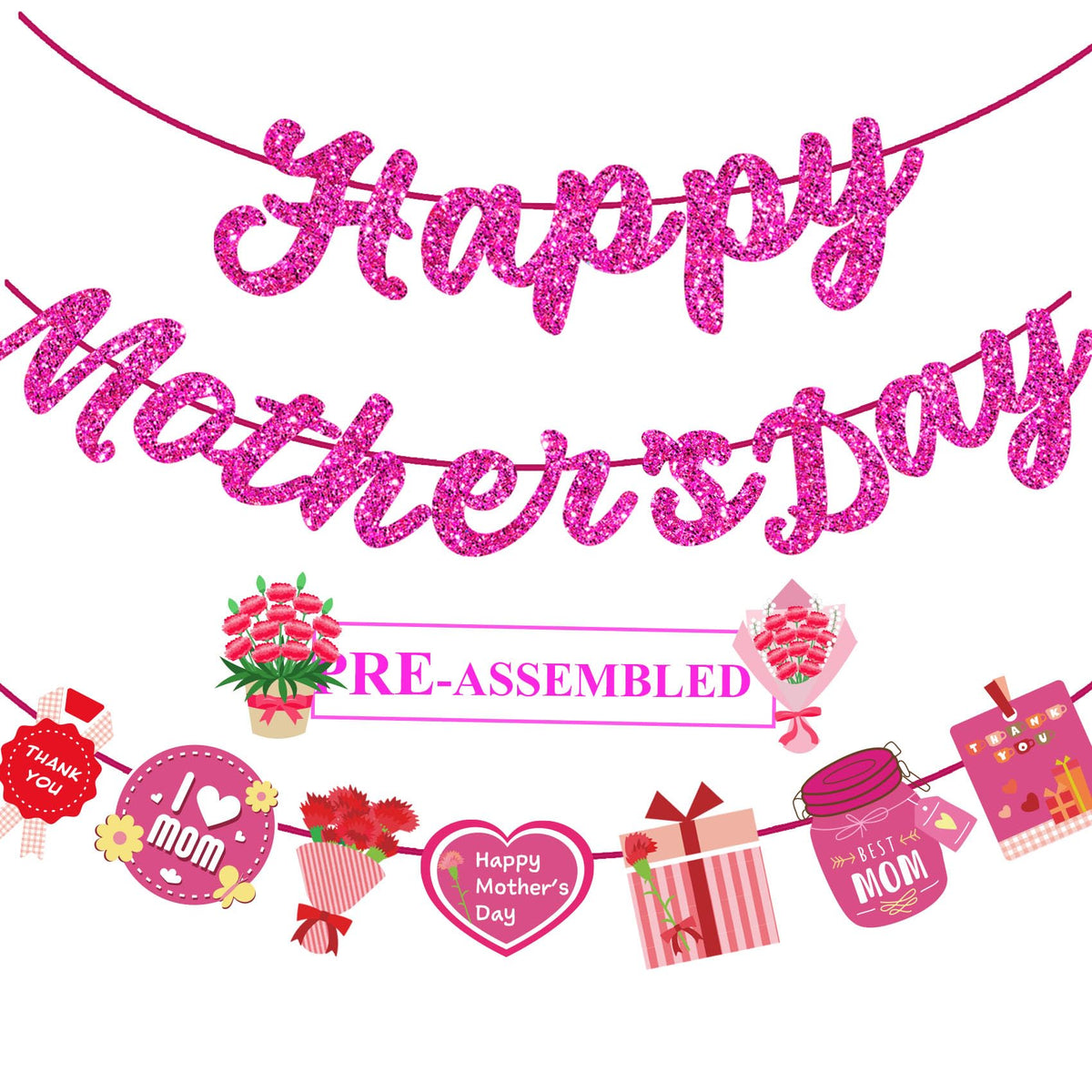 Happy Mothers Day Banner Glitter,NOT NEED DIY,Mothers Day Decorations,Mother's Day Decoration Banners Backdrop Sign for Home/Outdoor/Party supplies Decor Background