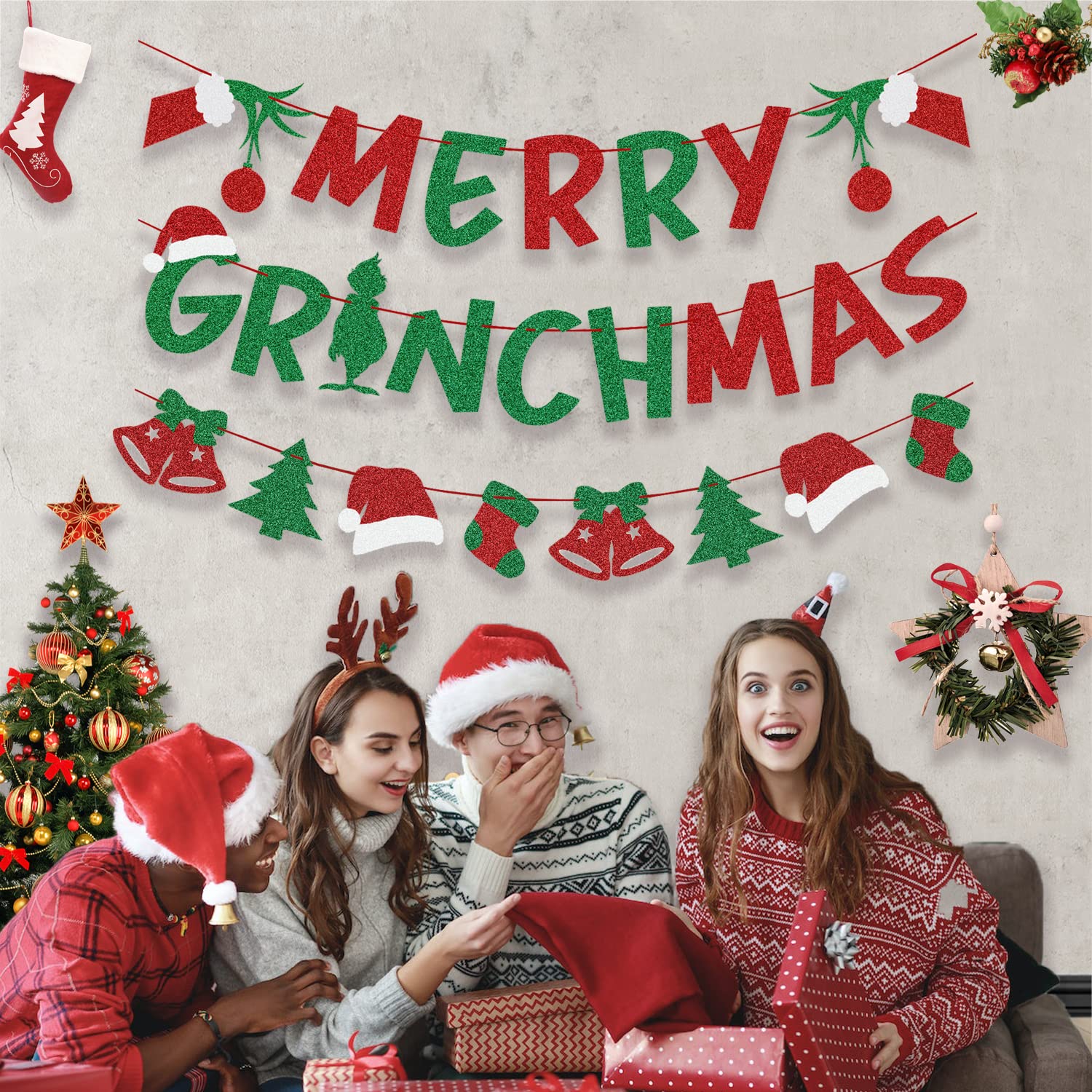 Christmas Decorations – Glittery Merry Grinchmas Banner And Christmas Garland For Grinch Christmas Decoration Grinch Decorations
