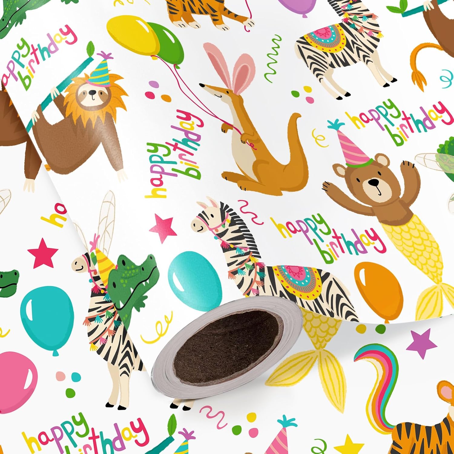 Kids Birthday Wrapping Paper Roll - Mini Roll - 17 Inch X 16.5 Feet - Cute Birthday Party Animal Wrapping Paper For Kids Boys Girls, Baby Shower, School Celebration