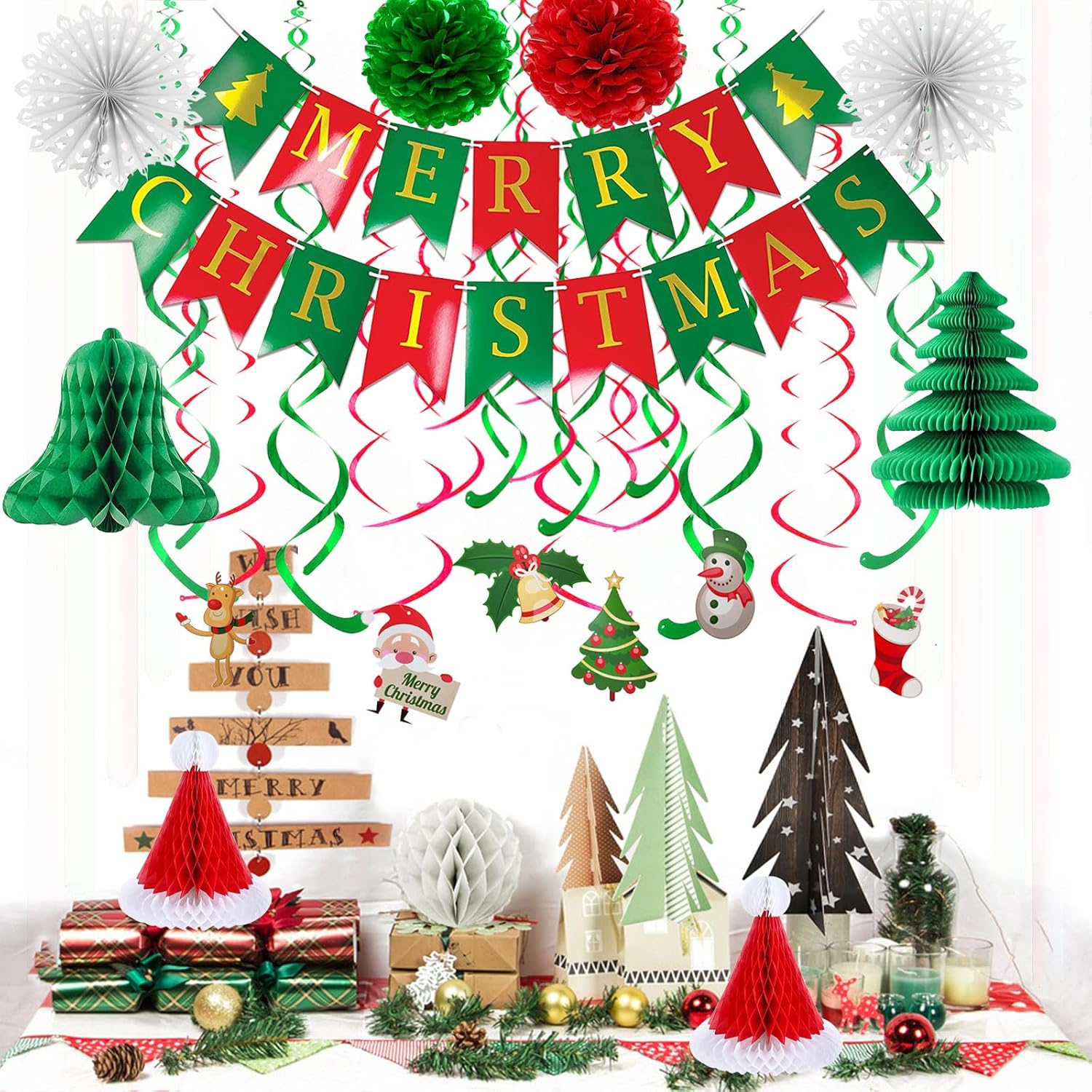 Merry Christmas Hanging Banner Pom Poms Paper Flower Fan Paper Christmas Tree Christmas Hat&Swirl Streamers For Merry Christmas Party Decorations