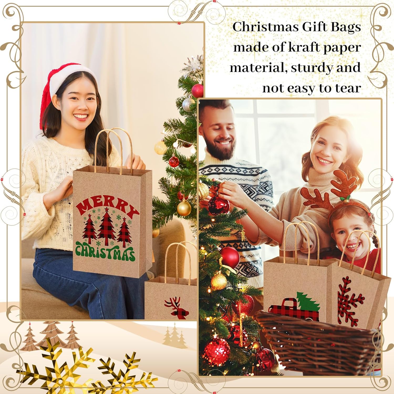 100 Pcs Christmas Kraft Gift Bags Bulk Xmas Holiday Paper Gift Bags With Handle Plaid Candy Treat Party Favor Bag For Christmas New Year Presents Wrapping Party Favor Supplies Decor