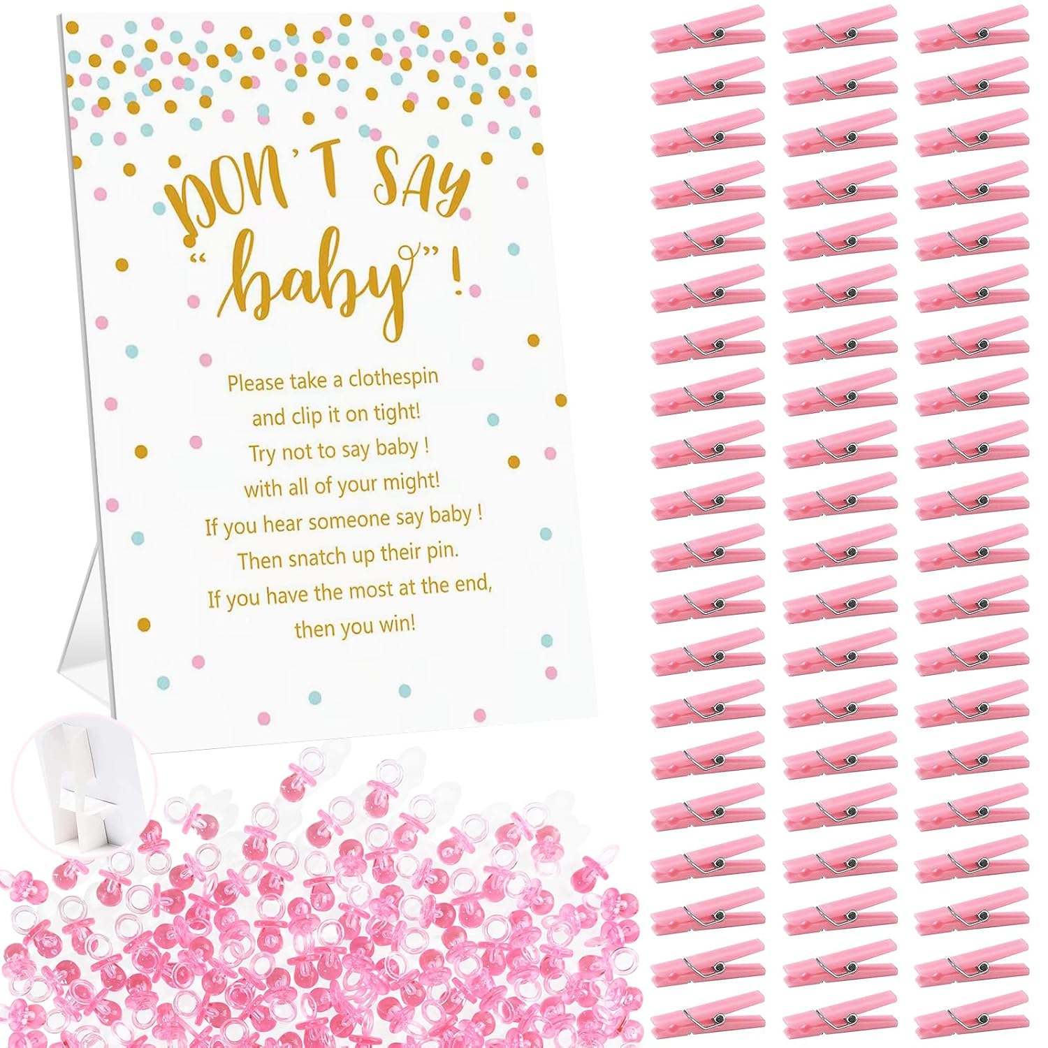 Don'T Say Baby Shower Clothespin Game For Girl Includes 8X11 Standing Sign, 60 Mini Pink Clothes Pin, 60 Mini Pacifiers