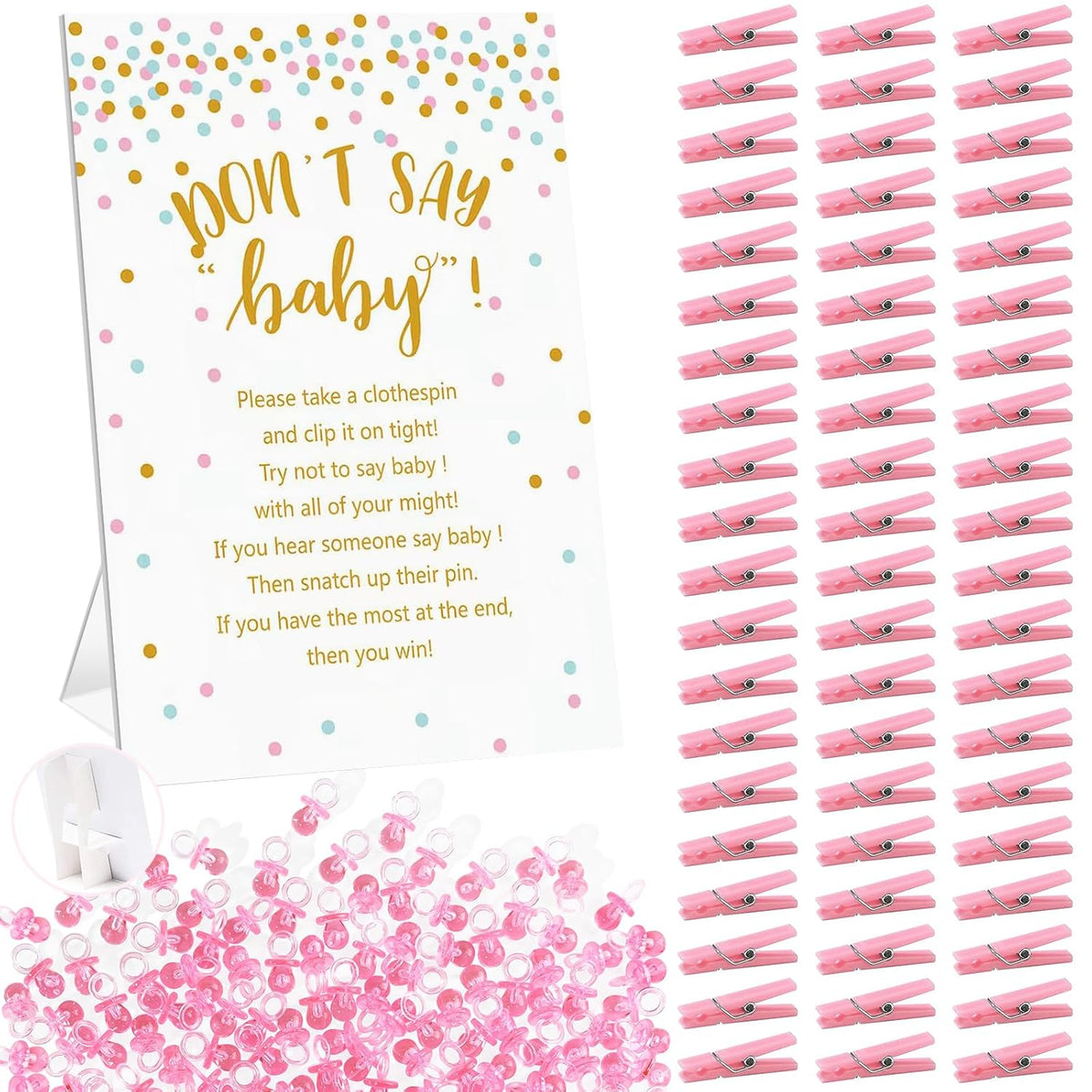 Don'T Say Baby Shower Clothespin Game For Girl Includes 8X11 Standing Sign, 60 Mini Pink Clothes Pin, 60 Mini Pacifiers