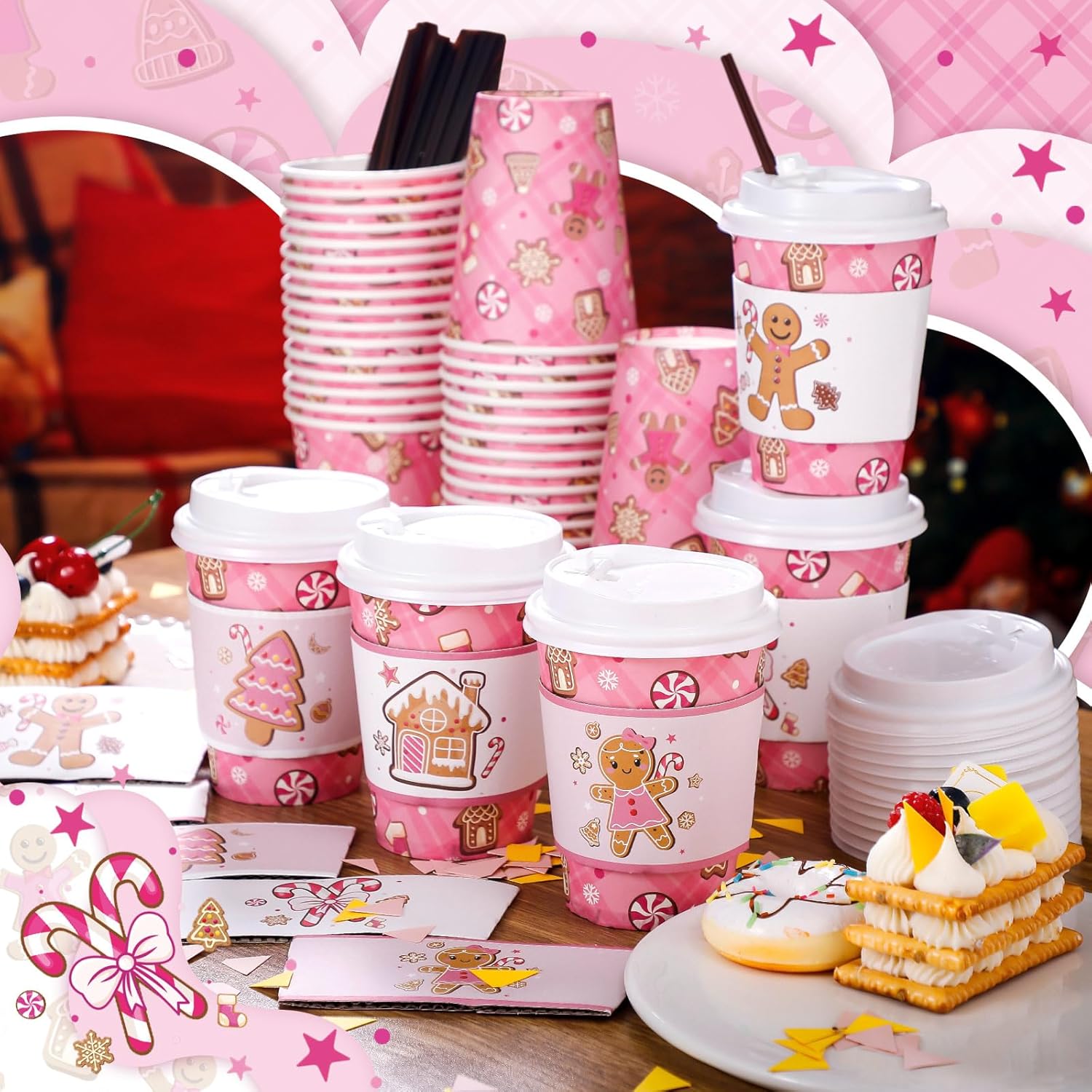 Gingerbread Man Party Disposable Coffee Cups With Lids, Sleeves And Stirrers 50 Pack 12 Oz Hot Cups Baby Shower Decoration For Fall Baby Shower Gender Reveal Party Christmas