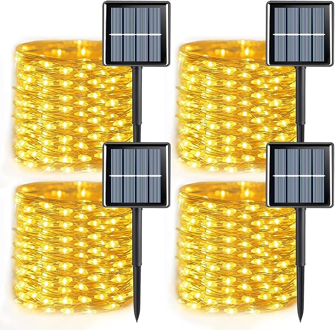 4 Pack Solar Fairy String Lights 33FT 100 LED Warm White Outdoor Waterproof Solar Lights with 8 Lighting Modes Silver Wire Decorative Lights for Garden Patio Tree Decor