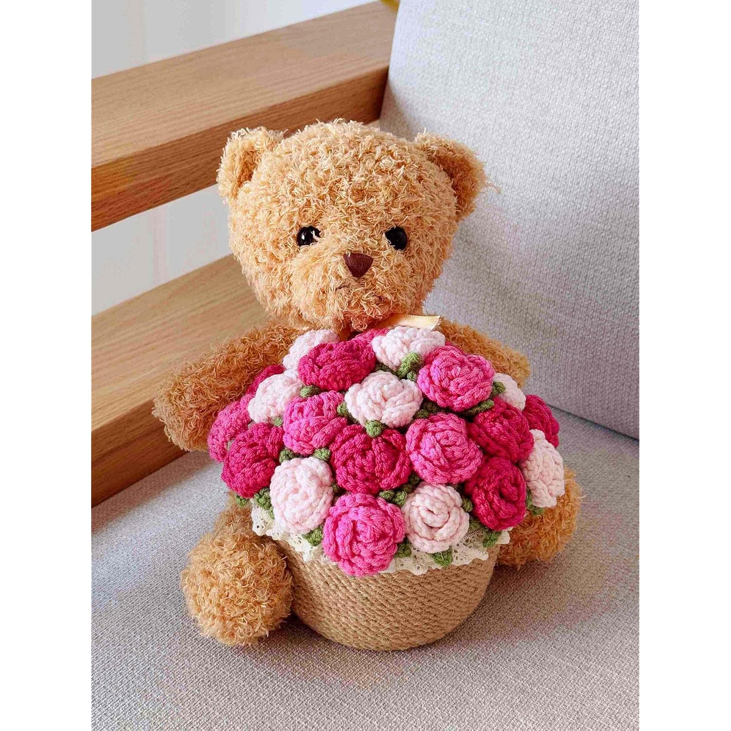 Crochet Rose Bouquet Artificial Flowers Vase Cute Plush Bear Kit Mothers Valentines Day Birthday Anniversary Personalized Thoughtful Romantic Love Gifts Home Decor Pink