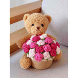 Crochet Rose Bouquet Artificial Flowers Vase Cute Plush Bear Kit Mothers Valentines Day Birthday Anniversary Personalized Thoughtful Romantic Love Gifts Home Decor Pink