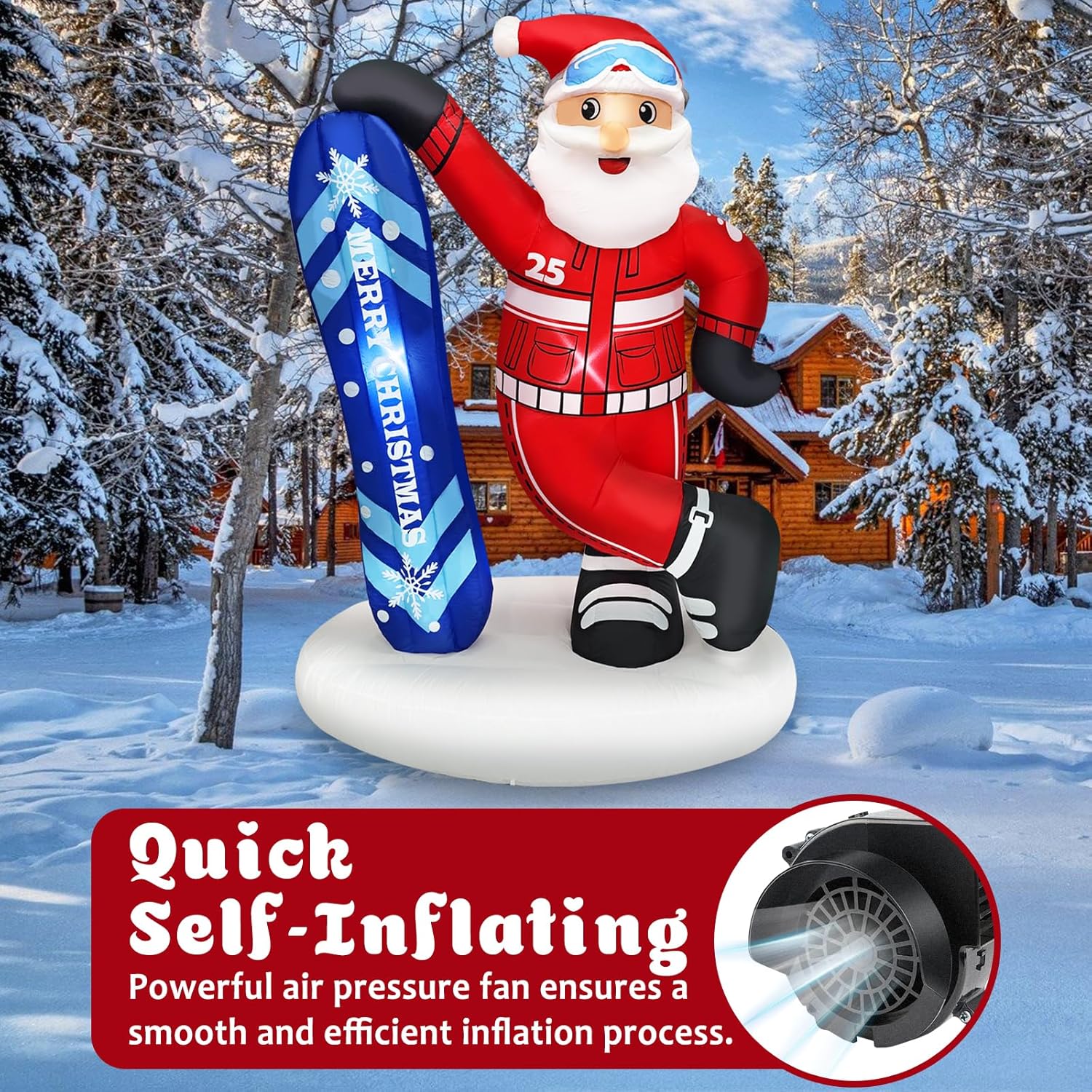 Christmas Inflatable Decoration 6.9 Ft Snowboarding Santa Claus With Goggles & Blue “Merry Christmas” Snowboard Cool Fun