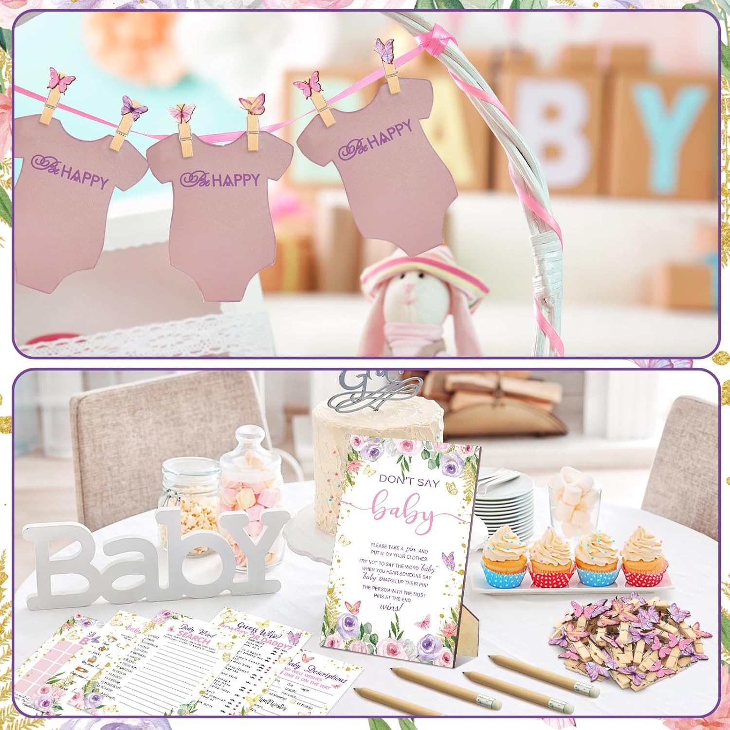 321 Pcs Butterfly Baby Shower Decorations A Little Butterfly Is On The Way For Baby Shower Party Bingo Games Don'T Say The Word For Pink Purple Gender Reveal Game Birthday Party Decor Supplies