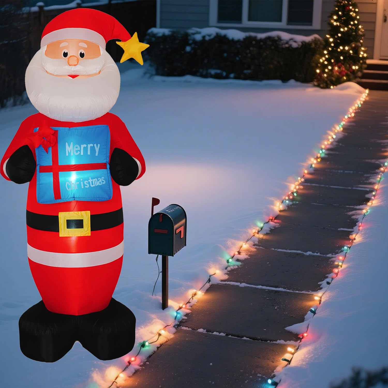 Christmas 8Ft Inflatables Santa Claus With Gift Box And Build-In Led Lights, Xmas Blow Up Gift For Indoor, Outdoor, Part