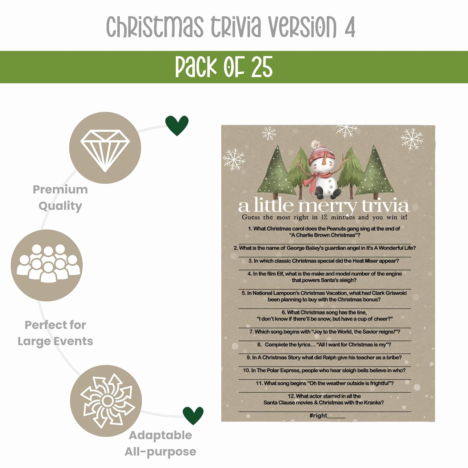 Snow Much Fun Trivia Game Holiday Party Activity With Movie And Song Questions For Adults, Office, Group, Snowman Thanksgiving, 25 Pack, 5X7 Cards, Version 4