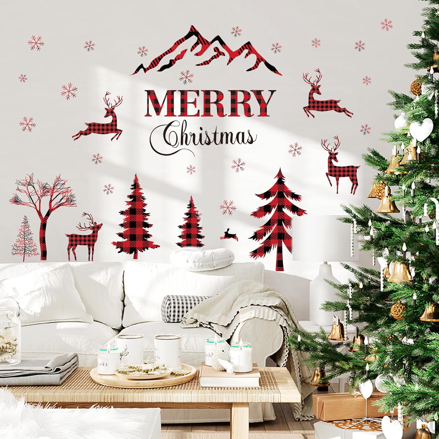 Merry Christmas Wall Decal - Red & Black Buffalo Plaid Tree, Deer Window Clings, Snow Removable Home Decor Mural, Peel And Stick For Christmas Party Supplies