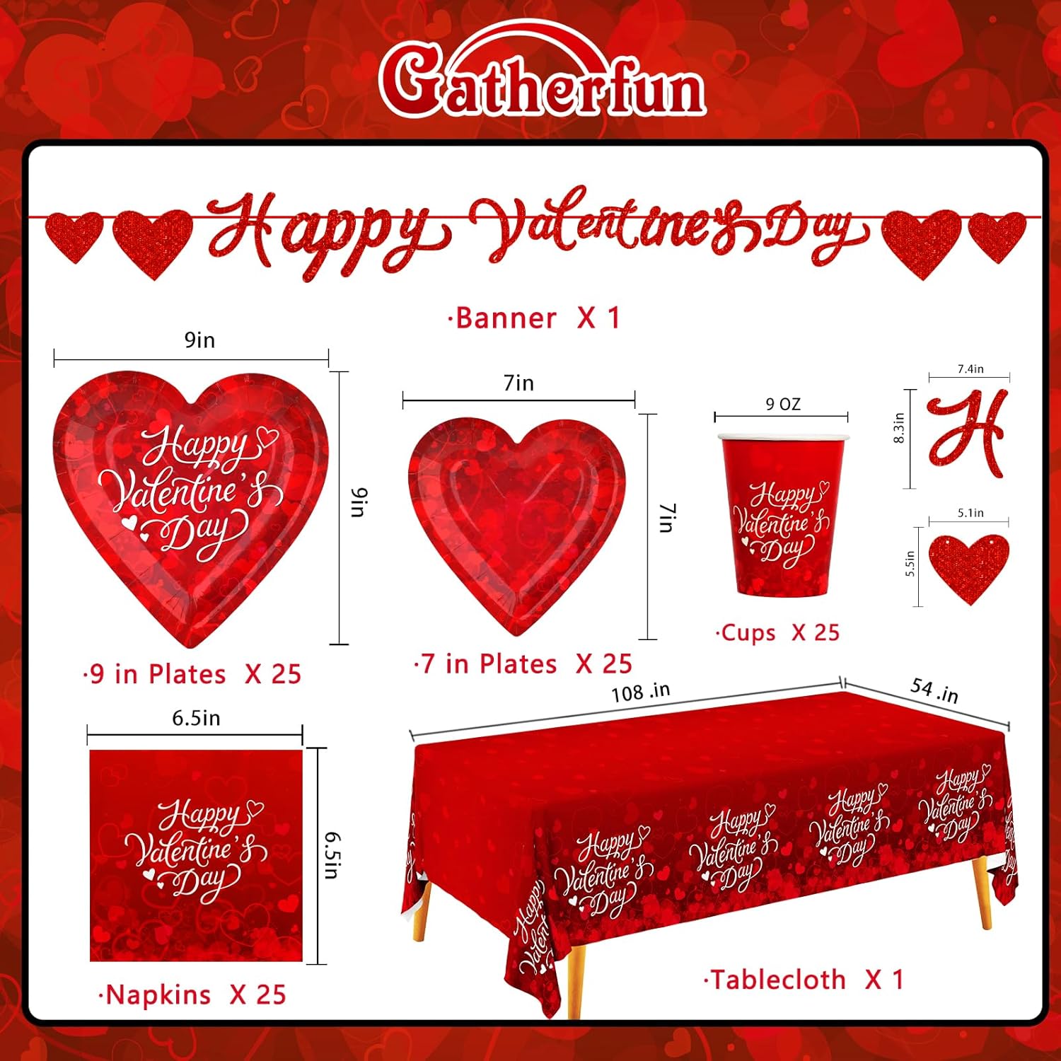 Valentine'S Day Party Supplies For 25 Guests - Romantic Heart-Shaped Disposable Plates, Love-Themed Tablecloth, Napkins, Cups, And Banner - Valentines Party Decorations