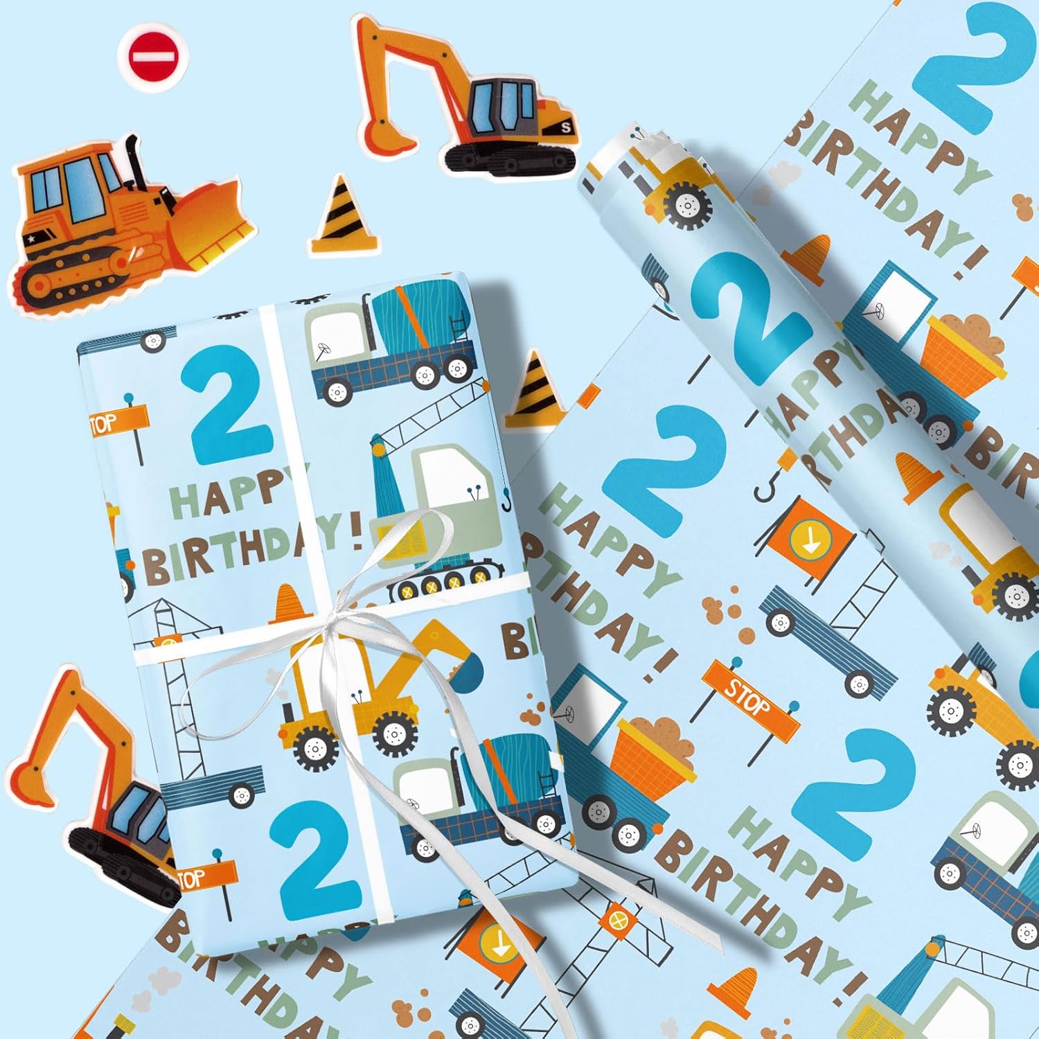 2Nd Birthday Wrapping Paper - Blue Cartoon Cars Trucks - 17 Inches X 16.4 Feet - Perfect For Boys' Birthday Parties
