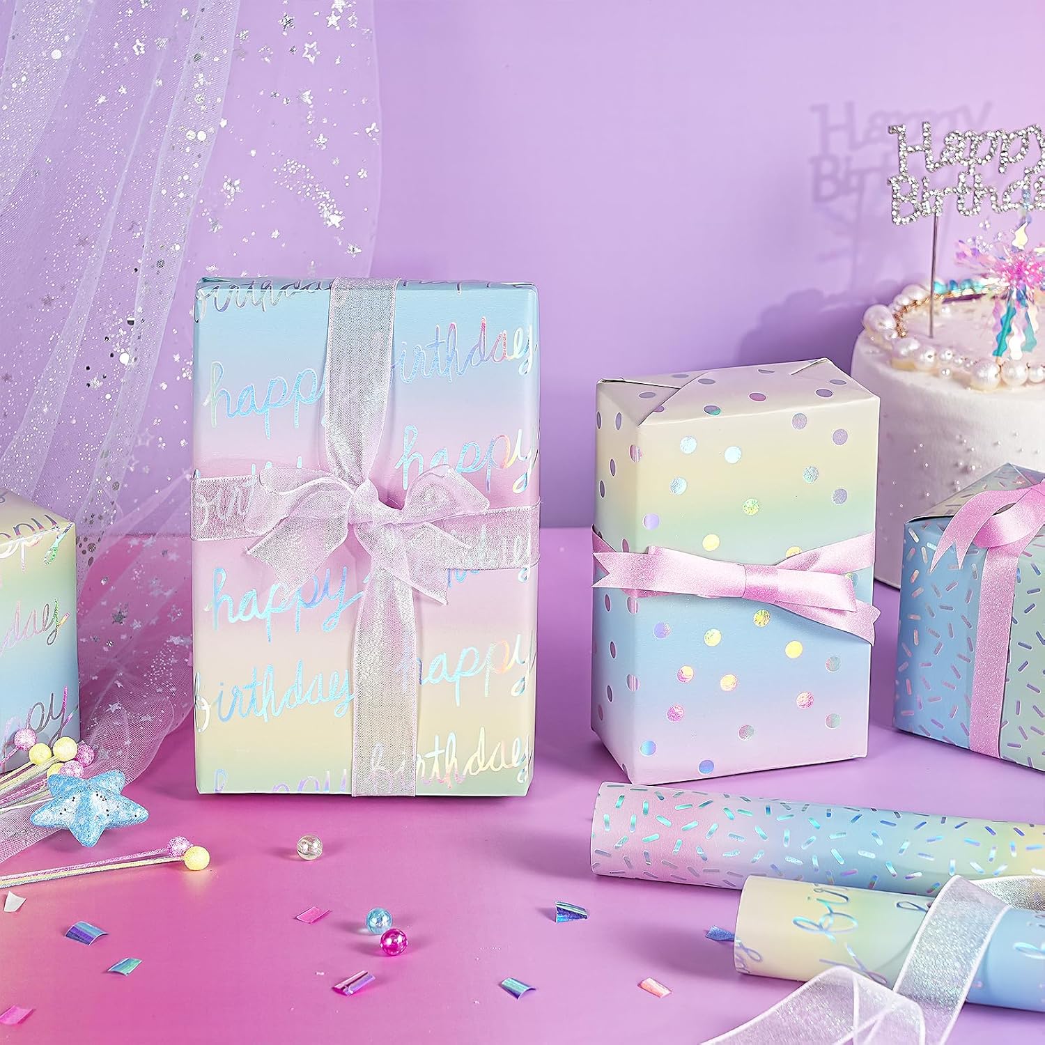 Holographic Birthday Wrapping Paper Roll Set, Iridescent Shiny Rainbow Foil Gift Wrap With Dots, Confetti And Happy Birthday Lettering For Kids, Girls, 3 Rolls, 17 Inches X 10 Feet Per Roll