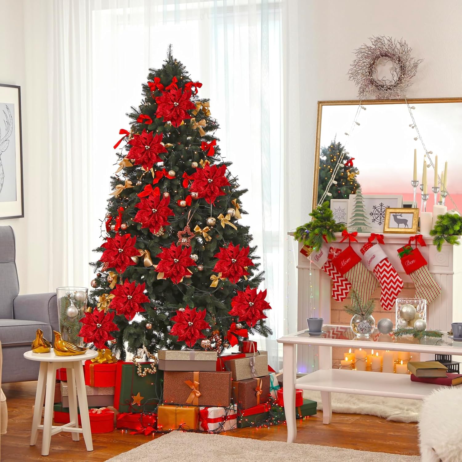 6Pcs Christmas Poinsettia Flowers 10'' Double Layer Christmas Artificial Flowers Ornaments For Xmas Tree Wreaths Garland Holiday Decoration (6, Double Layer)