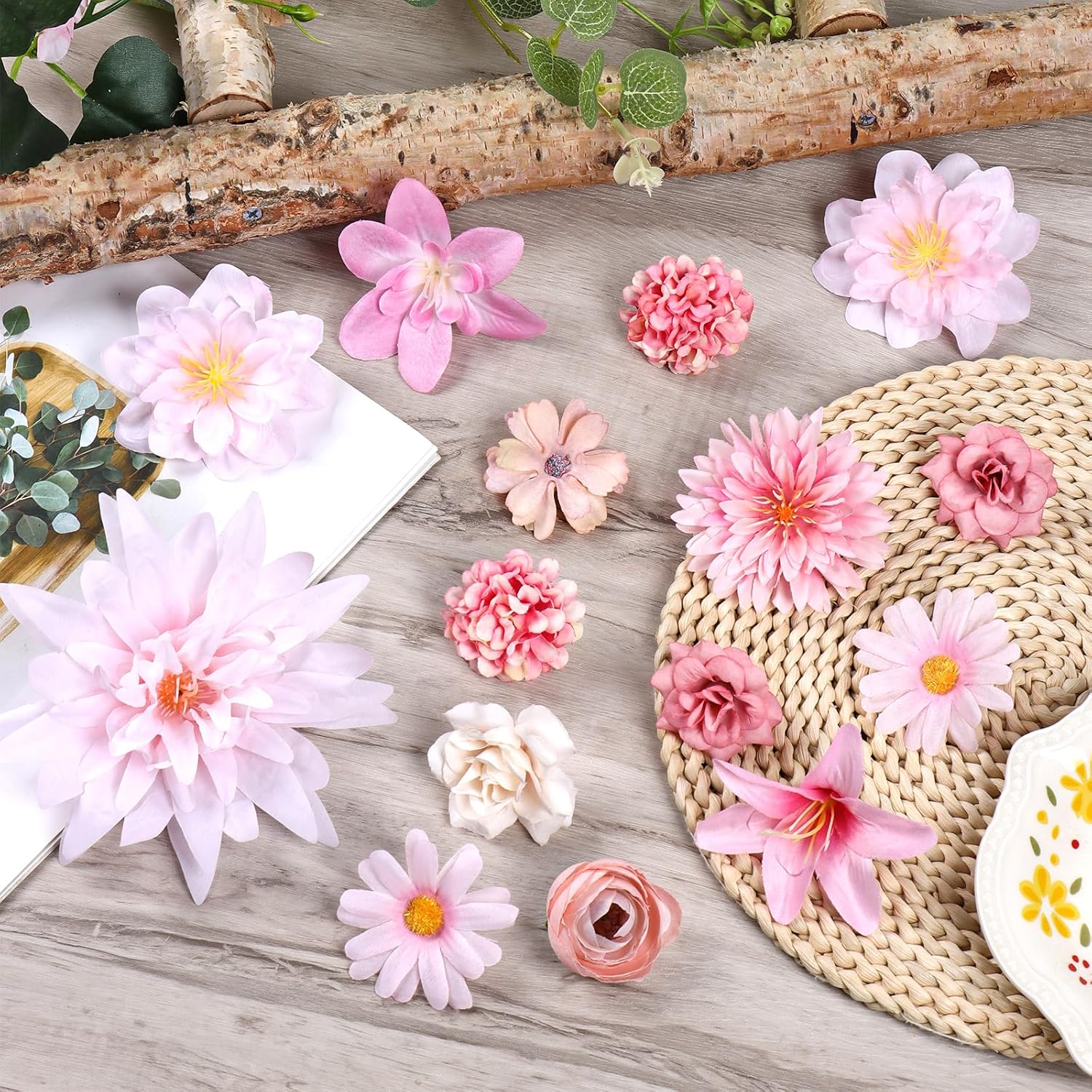 Artificial Flowers Heads 48Pcs Mini Silk Fake Flowers Heads Mix Daisy Dahlia Roses Pink Bulk Faux Rose For Craft Garland Graduation Wedding Bridal Party Centerpieces Home Decorations