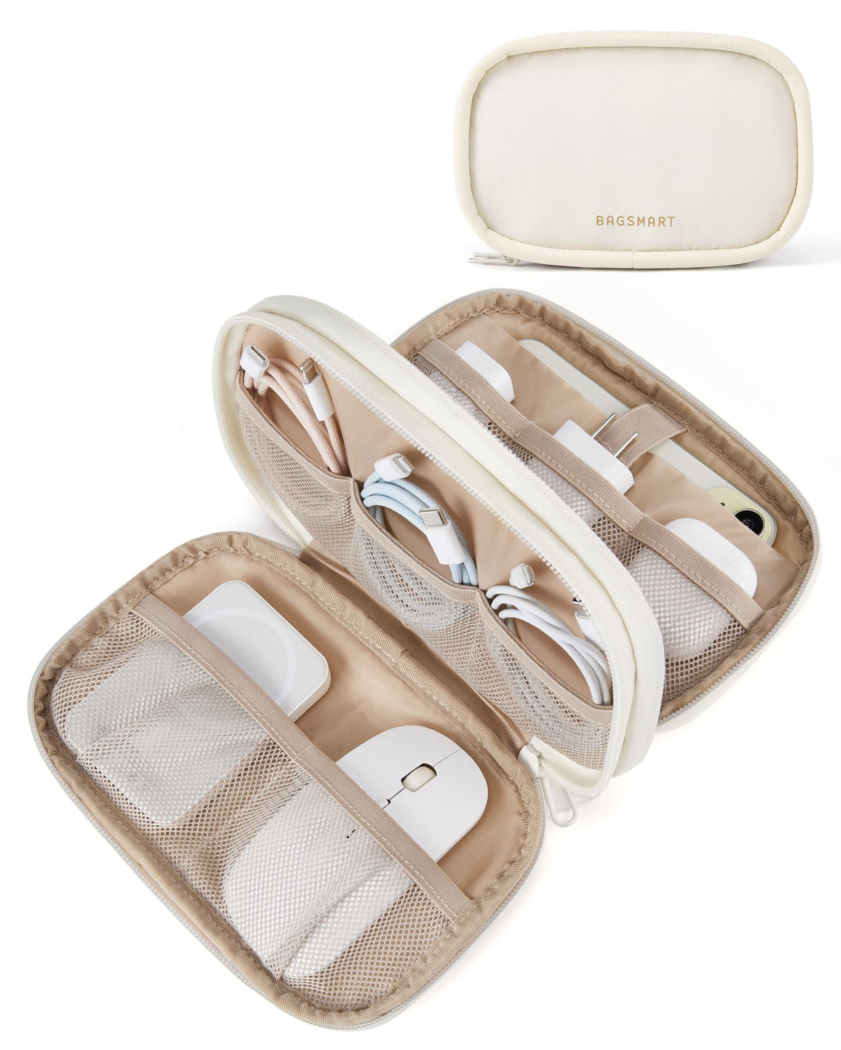 Electronics Organizer Travel Case, Cord Organizer For Women, Travel Cable Bag (Beige)