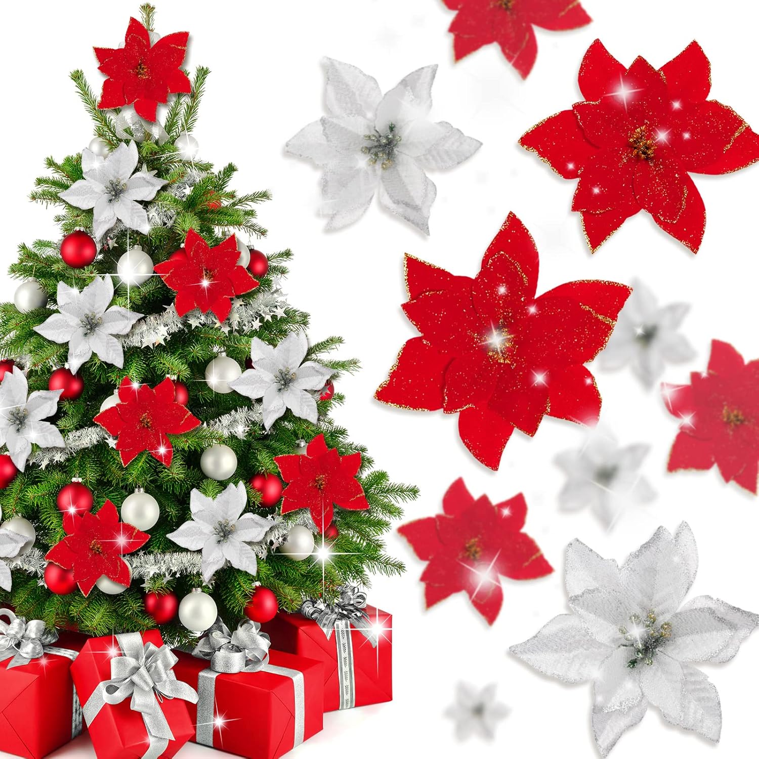 40Pcs Poinsettia Artificial Christmas Flowers With 40Pcs Clips And 40Pcs Stems Red Silver Xmas Flowers Glitter Christmas Tree Ornaments Xmas Wedding Party Decoration New Year Ornaments