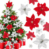 40Pcs Poinsettia Artificial Christmas Flowers With 40Pcs Clips And 40Pcs Stems Red Silver Xmas Flowers Glitter Christmas Tree Ornaments Xmas Wedding Party Decoration New Year Ornaments