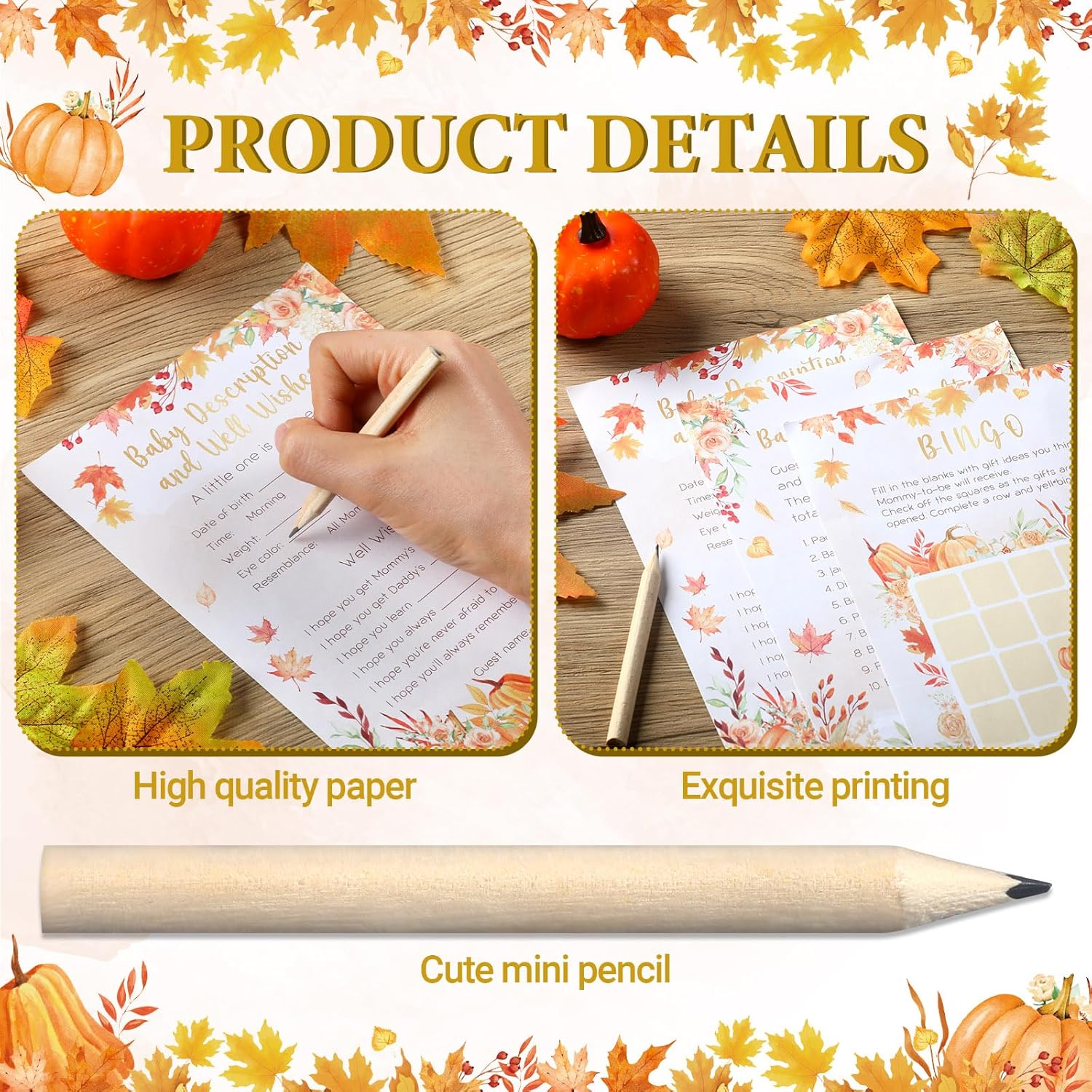 145Pcs Fall Pumpkin Baby Shower Games 5 Set Game Activity Cards With 20 Pencils For Boy Girl, Description And Wishes, Baby Price, Word Scramble Game Pumpkin Decor