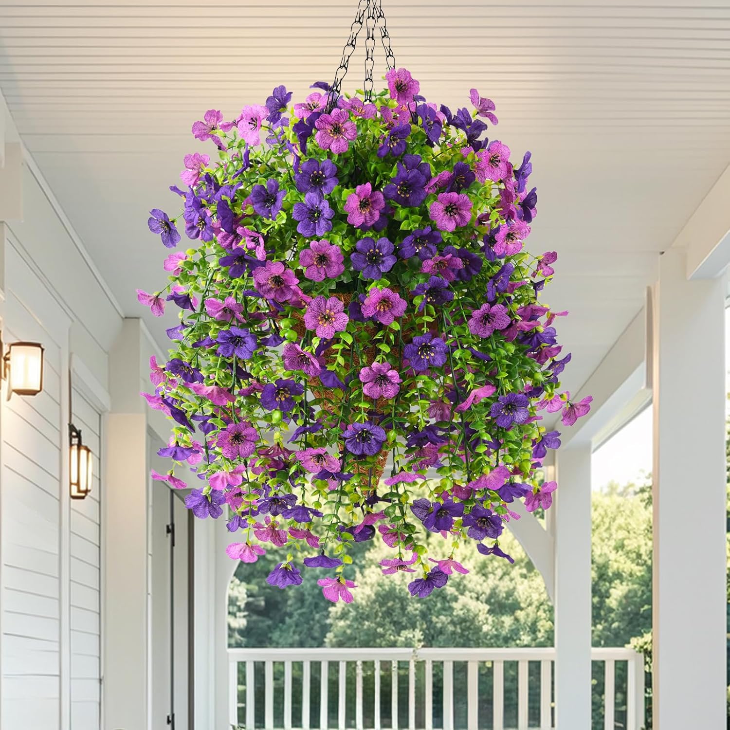 Artificial Hanging Flowers With Basket For Spring Outdoor Decoration 3 Bunches Of Silk Daisy Flower Uv Resistant For Garden Porch Patio Balcony Yard Decor (Purple1)