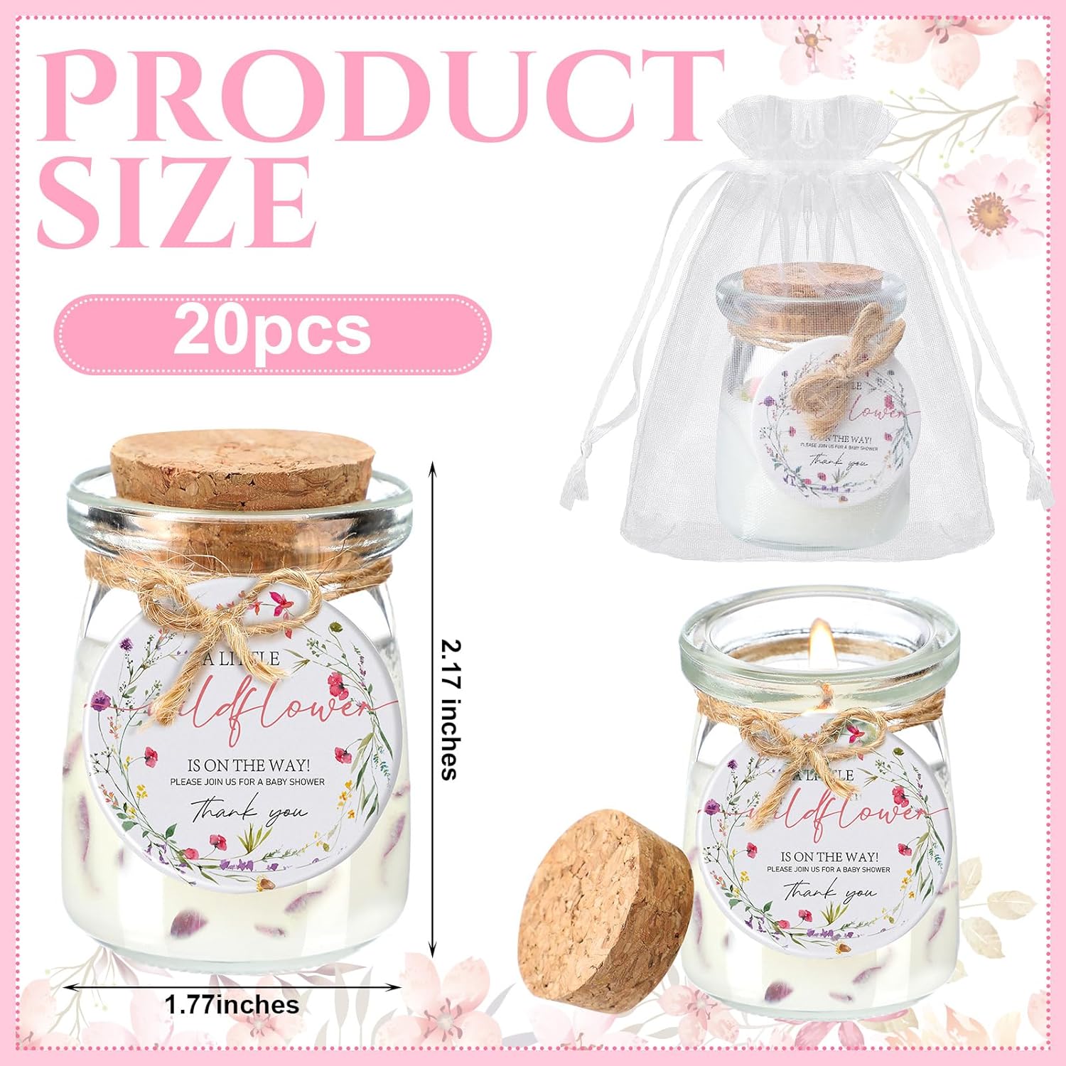 20 Pcs Wildflowers Baby Shower Favors Party Candle Lavender Scented Glass Mason Jar Wax Candle Bulk For Guests Girl Boy Gender Reveal Party Gifts(Colorful)