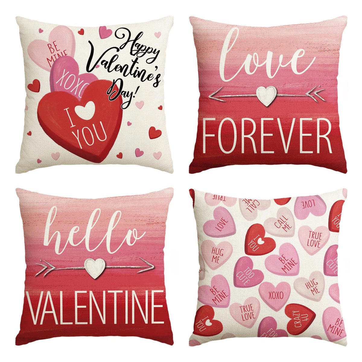 Happy Valentine'S Day Pink Heart Throw Pillow Covers, 20 X 20 Inch I Love You Forever Be Mine Xoxo Hug Me Anniversary Wedding Cushion Case Decoration For Sofa Couch Set Of 4