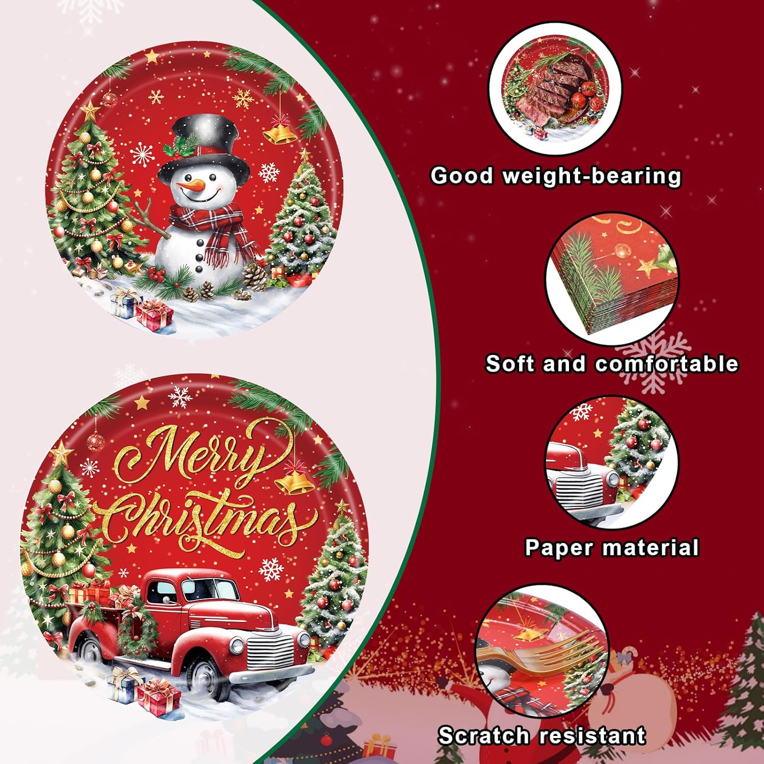 96 Pieces Merry Christmas Tableware Set – Red Truck And Snowman Themed Disposable Party Supplies With Paper Plates, Napkins, And Forks For Holiday Dinners, Christmas Parties, And Winter Events – Serve