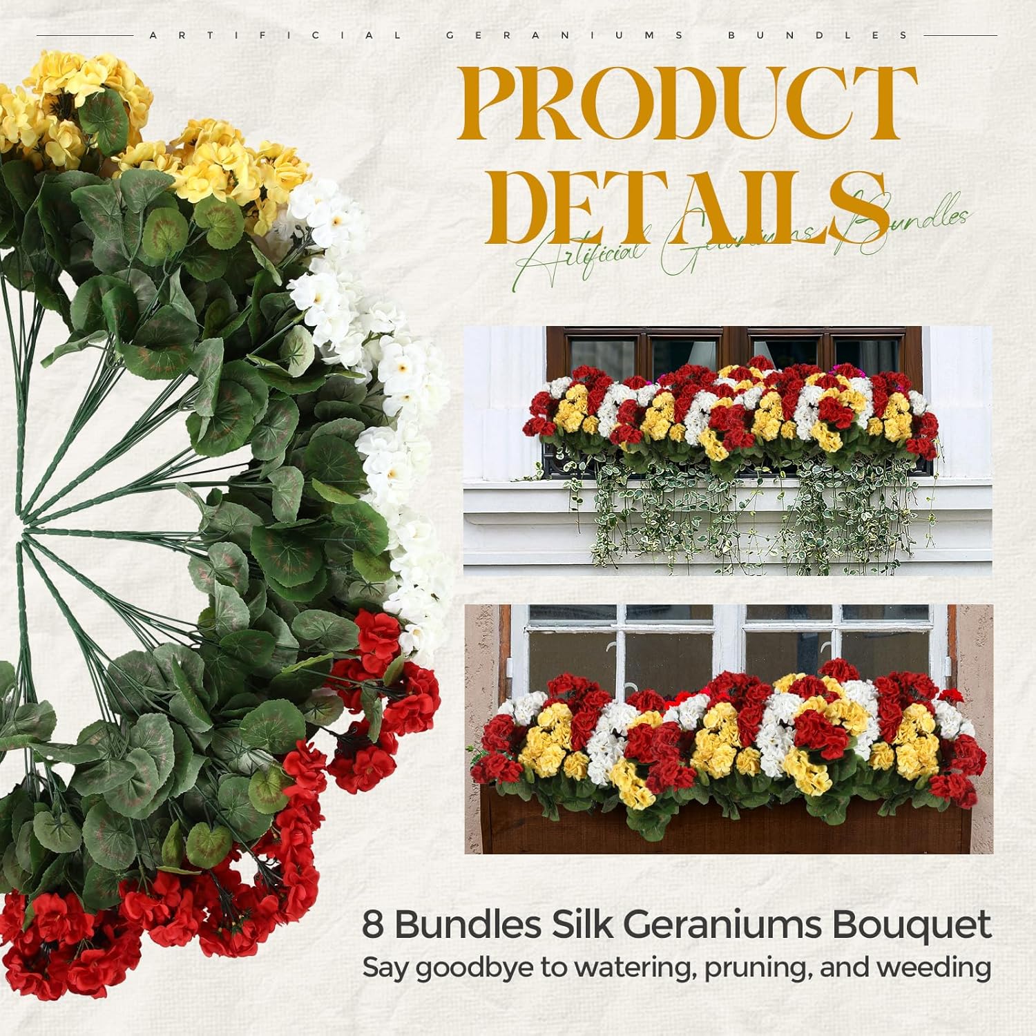 8 Pack 18'' Artificial Geranium Flowers For Outdoors 72 Bushes Fake Geraniums Silk Flowers Uv Resistant Garden Faux Plants Full Blooms Bushes For Garden Home Decor(Ruby Red, Yellow, White)