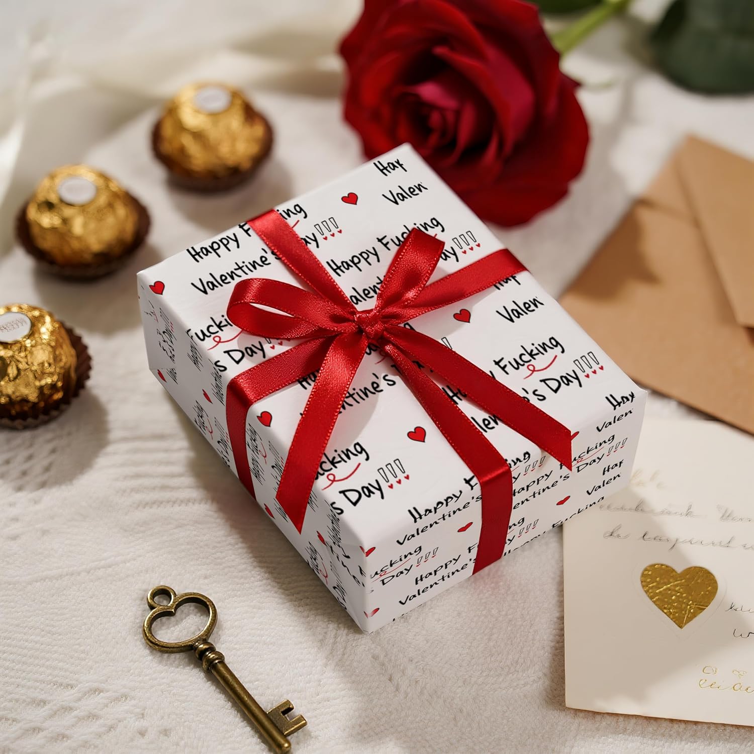 Funny Valentine Wrapping Paper Roll, Happy Valentine Day Text With Red Hearts, Humor Gift Wrap For Him Her Husband Wife, Mini Roll 17 Inches X 16.4 Feet