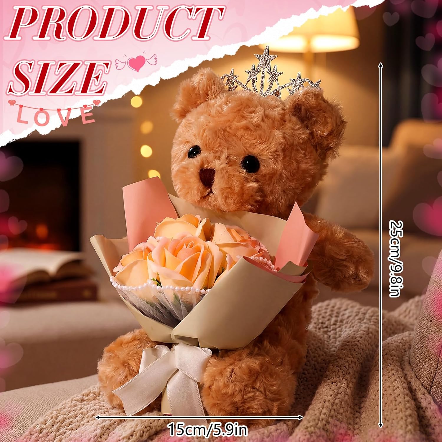 Orange Valentine'S Day Bear Flower Bouquet Rose For Women Artificial Rose Bouquet Gift Box With Plush Bear Greeting Card Love Gift For Girlfriend Mother Wife Anniversary Birthday
