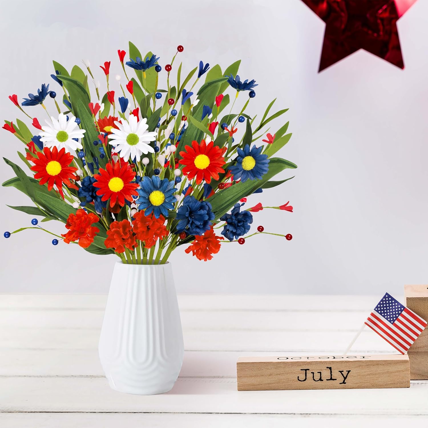 8 Bundles 4Th/Fourth Of July Decorations Artificial Silk Flowers Red White Blue Patriotic Picks Berry Stems Memorial Independent Labor Day Decor For Home Vase Table Centerpieces