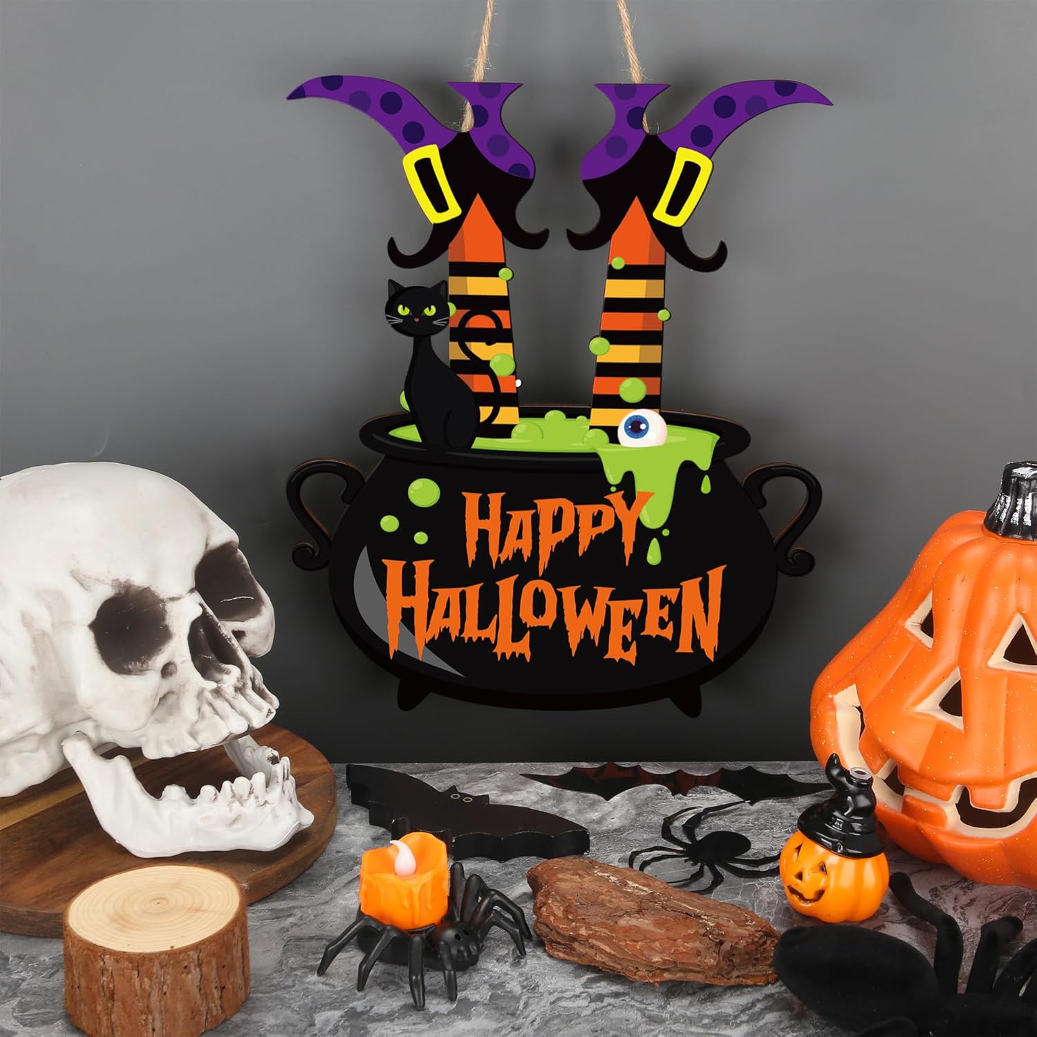 Halloween Witch Door Sign Happy Halloween Wooden Sign Plaque Witch Leg Front Door Hanging Decor Wood Welcome Signs For Home Farmhouse Hanger Porch Wall Decor Witches Party Supplies