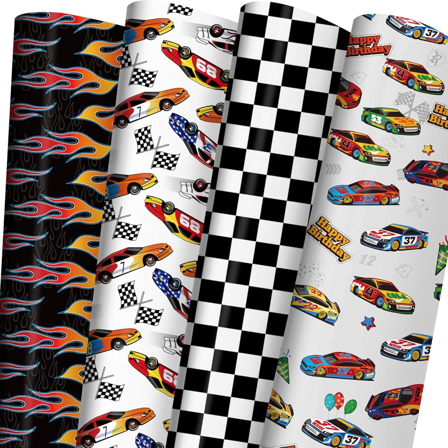 Race Car Wrapping Paper For Kids Birthday - Flames, Checkered Flags, Colorful Racing Cars And Happy Birthday Words Designs - 20 X 29 Inches, 8 Folded Sheets, Easy To Store…