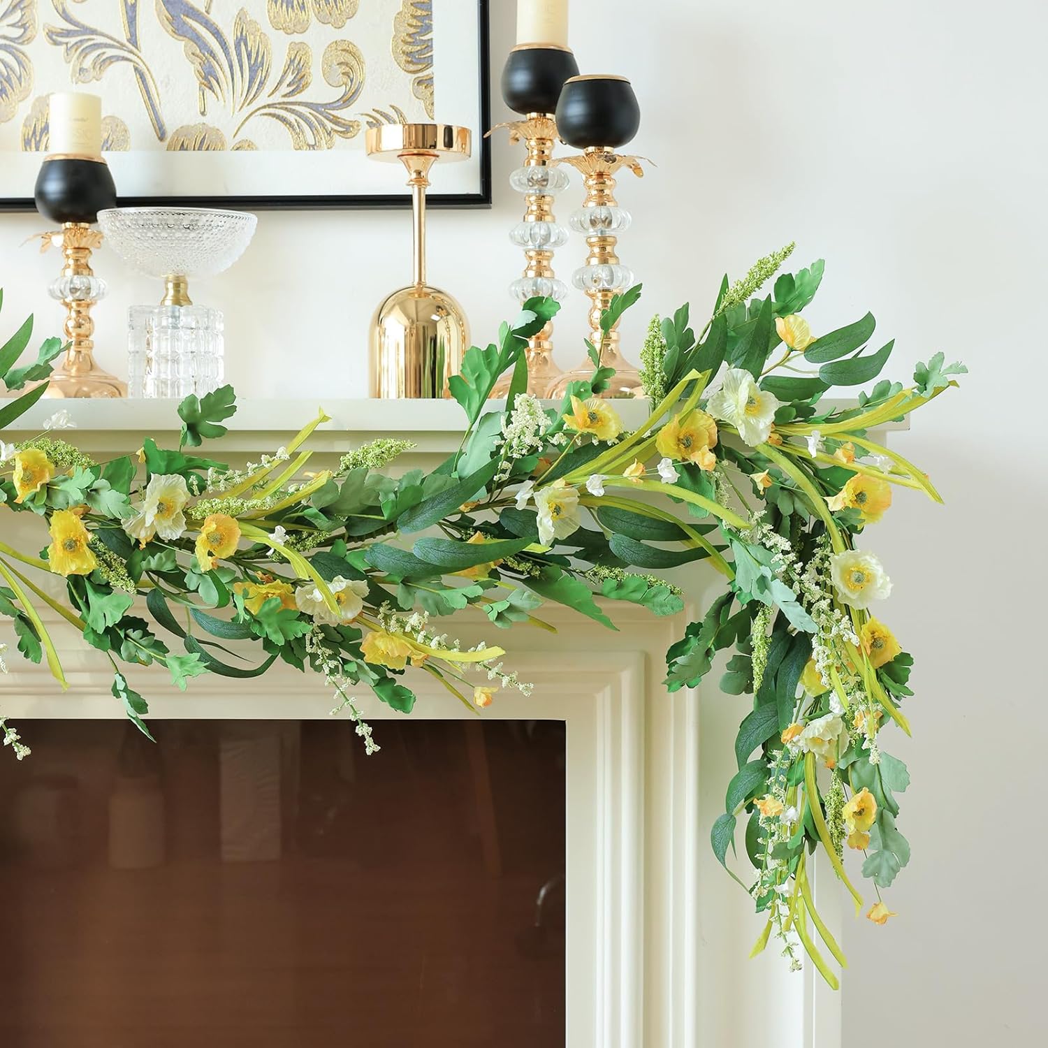 Yellow Artificial Flower Garland 6Ft Fake Poppy Floral Garland Hanging Vines Spring Summer Flowers Decorations For Mantle Table Centerpieces Room Wall Fireplace Wedding Decor (Yellow)