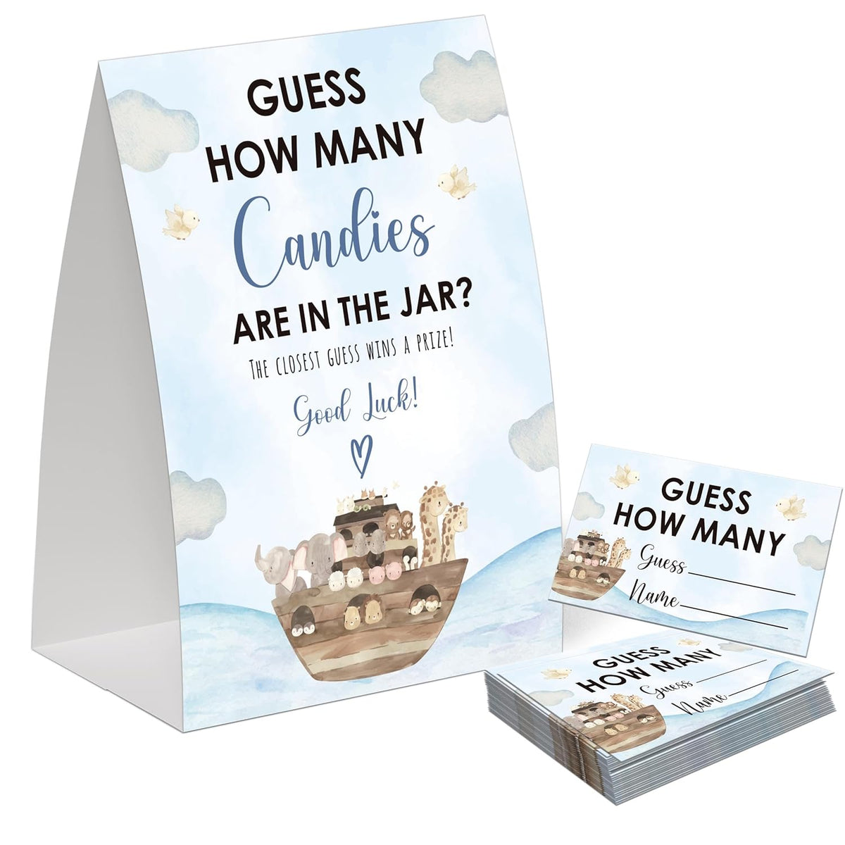 Noah'S Ark Guess How Many Candies Are In The Jar Game For Baby Shower, Pack Of One 5X7 Sign And 50 Guessing Cards, Boho Animals Baby Shower Decoration, Gender Neutral Party Supplies - Gc09