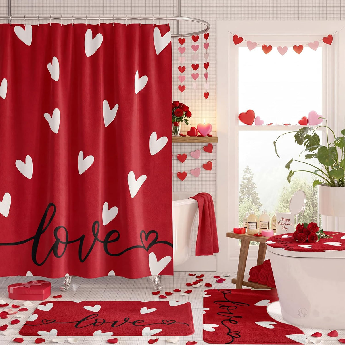 Valentines Day Shower Curtain Set For Bathroom, Red Love Heart Shape Red Bathroom Supplies For Valentines Accessories Decor Set, Non Slip Rugs Toilet Lid Cover U Shape Bath Mat And 12 Hooks
