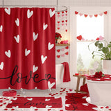 Valentines Day Shower Curtain Set For Bathroom, Red Love Heart Shape Red Bathroom Supplies For Valentines Accessories Decor Set, Non Slip Rugs Toilet Lid Cover U Shape Bath Mat And 12 Hooks