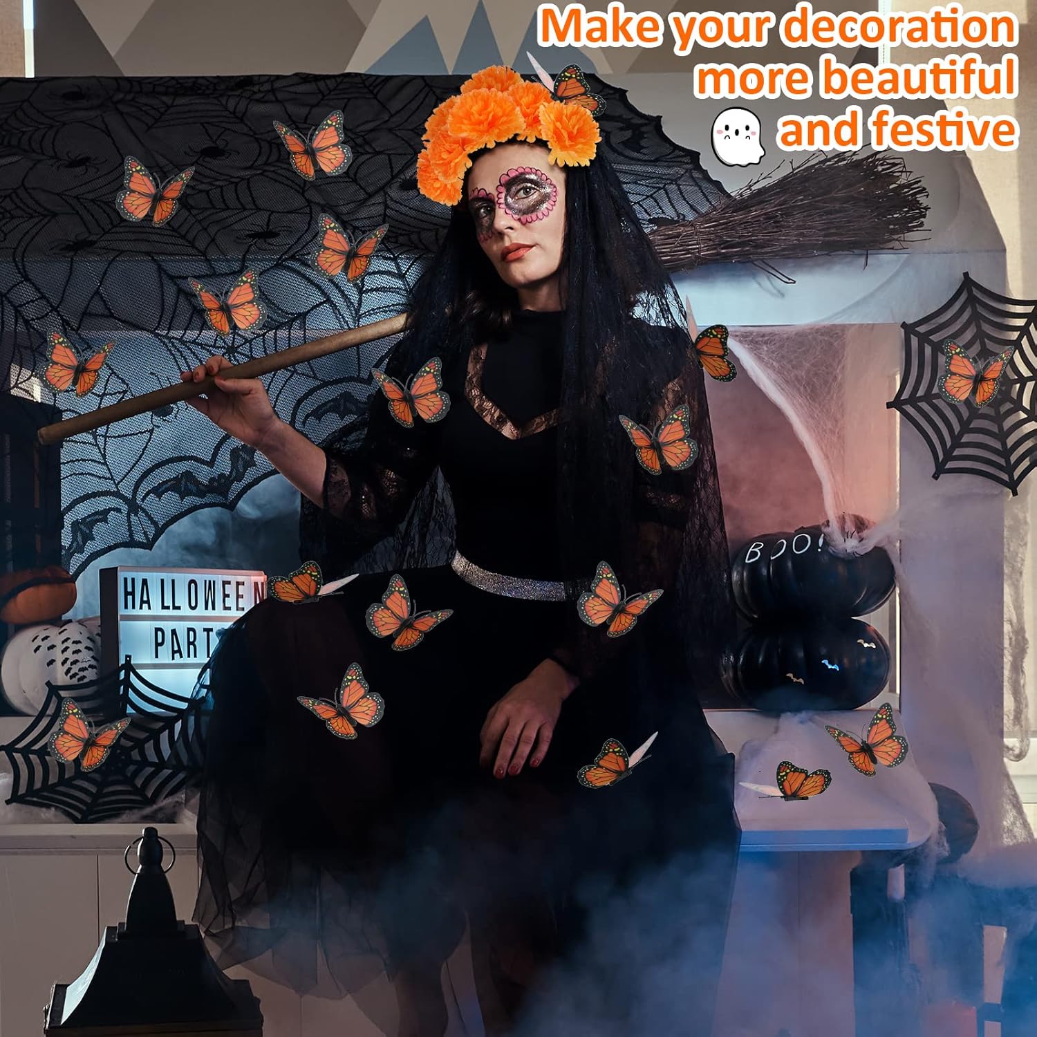 160 Pcs Artificial Marigold Flowers Monarch Butterfly Decoration Kit Dia De Los Muertos Decor Day Of The Dead Decorations 60 Butterflies And 100 Marigold Flower For Halloween Fall Diwali Mexican
