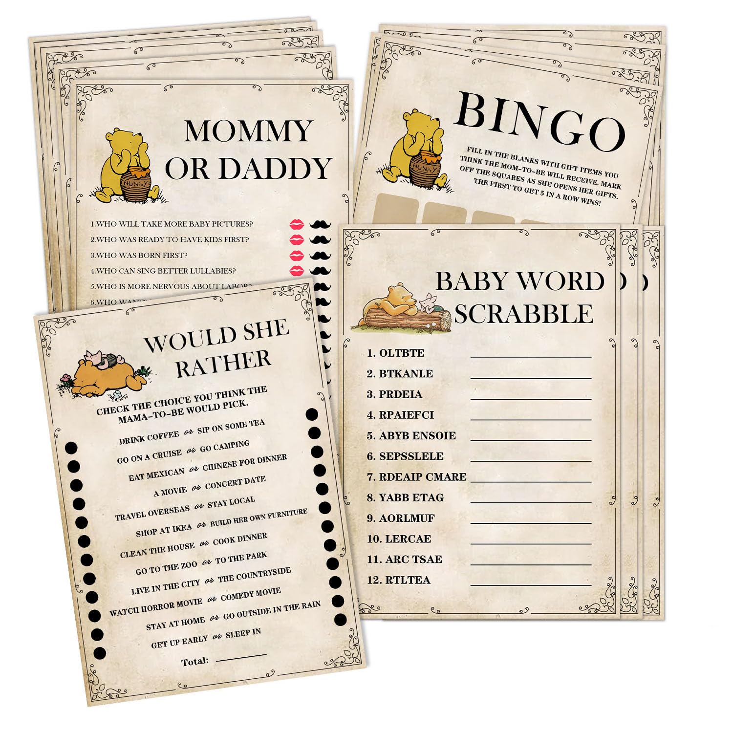 51Pcs Winnie Baby Shower Games, 2 Sets (25 Cards Each, 4 Games) Activities Cards With Answer Card, Baby Shower Party Cards, Include Baby Bingo, Prediction And Advice, Mommy'S Belly, Word Scramble