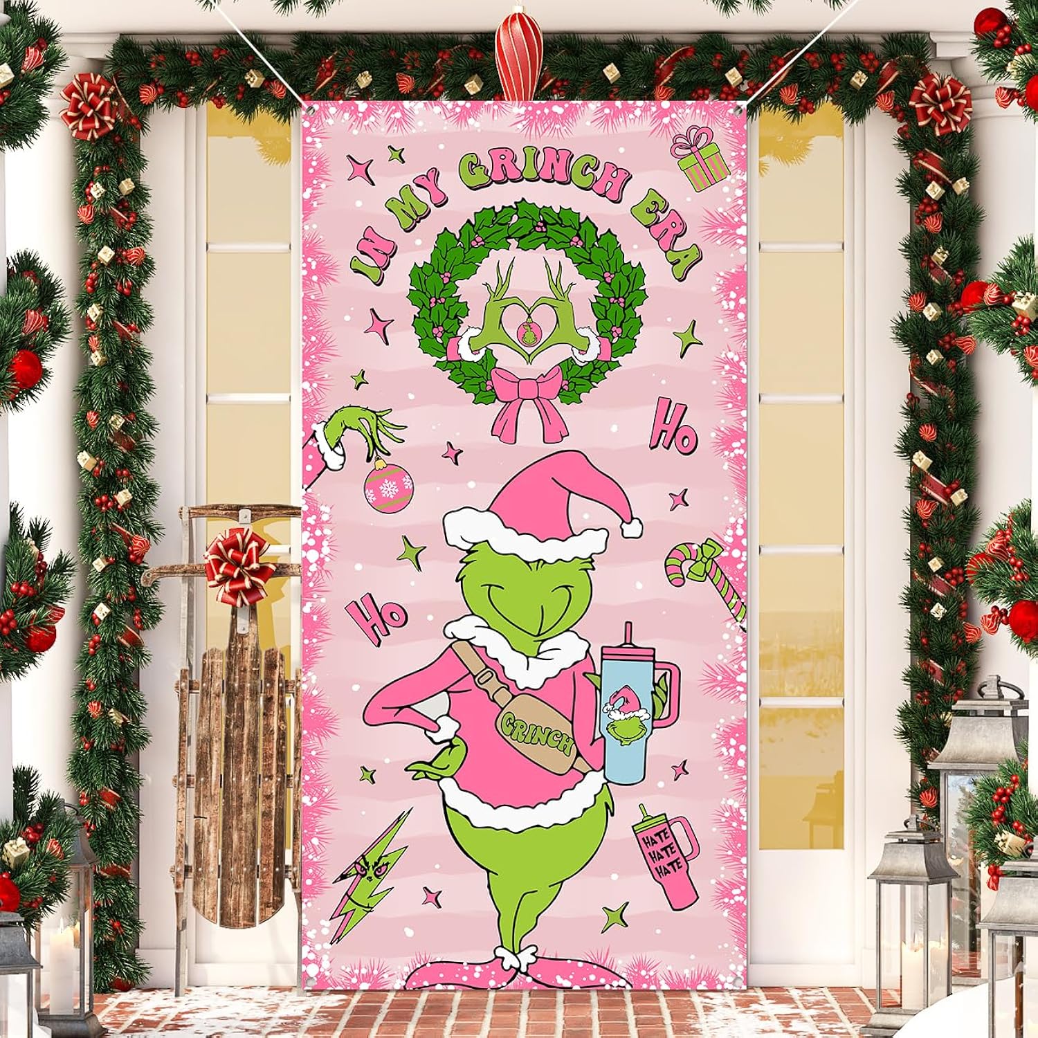 Pink Christmas Banner Door Cover Christmas Door Decorations For Merry Holiday Porch Birthday Party Bridal Shower Supplies 35 * 70 Inch
