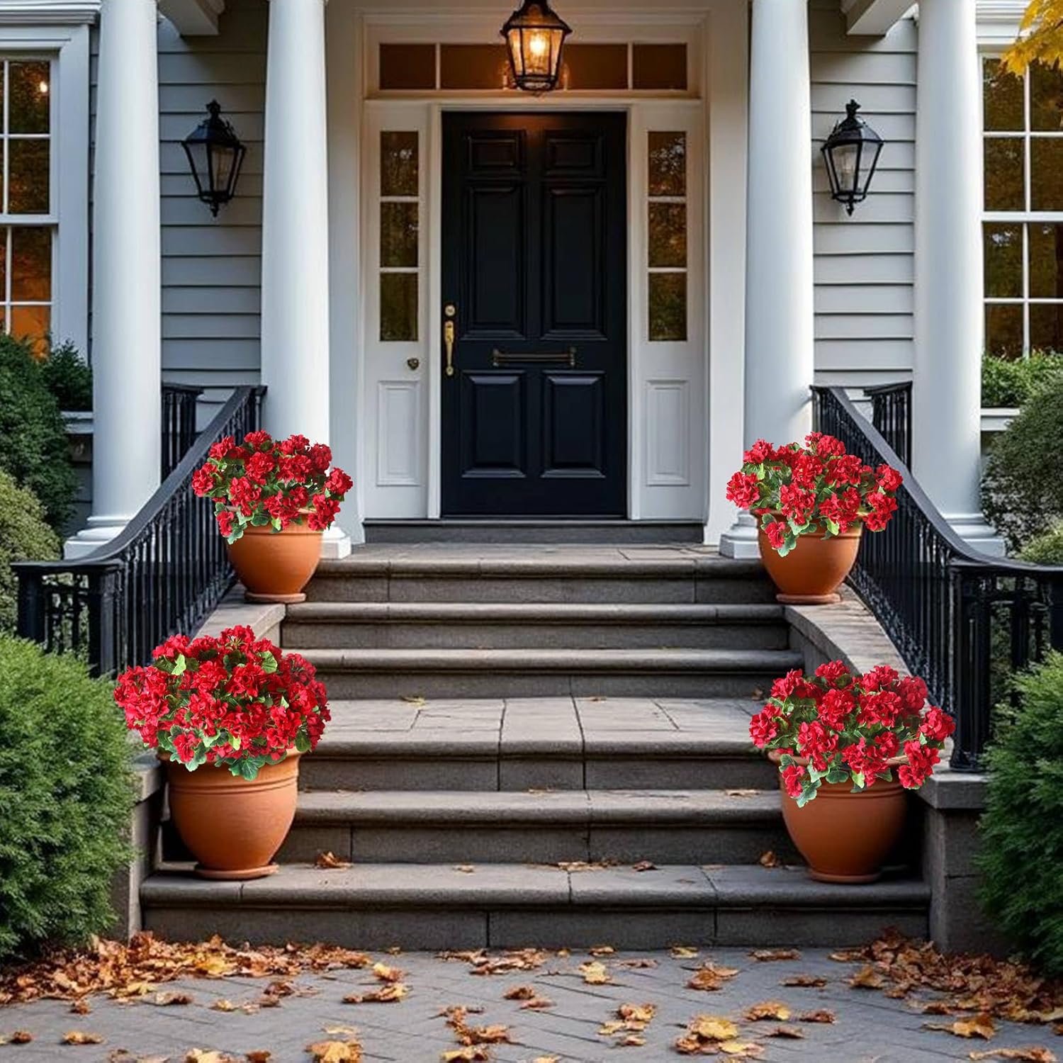 4Pcs Realistic Outdoor Artificial Fake Geraniums Silk Flowers Plants, Uv Resistant, No Fade, Look Real Outside Faux Plastic Greenery Red Flowers For Garden Porch Patio Window Box Hanging Planter