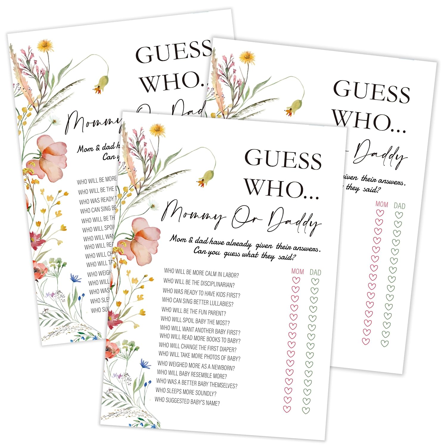 Boho Wildflower Guess Who Mommy Or Daddy Game, Baby Shower Game, Pack Of 30 Cards, Gender Neutral Boy Or Girl, Fun Baby Activity - Fa11