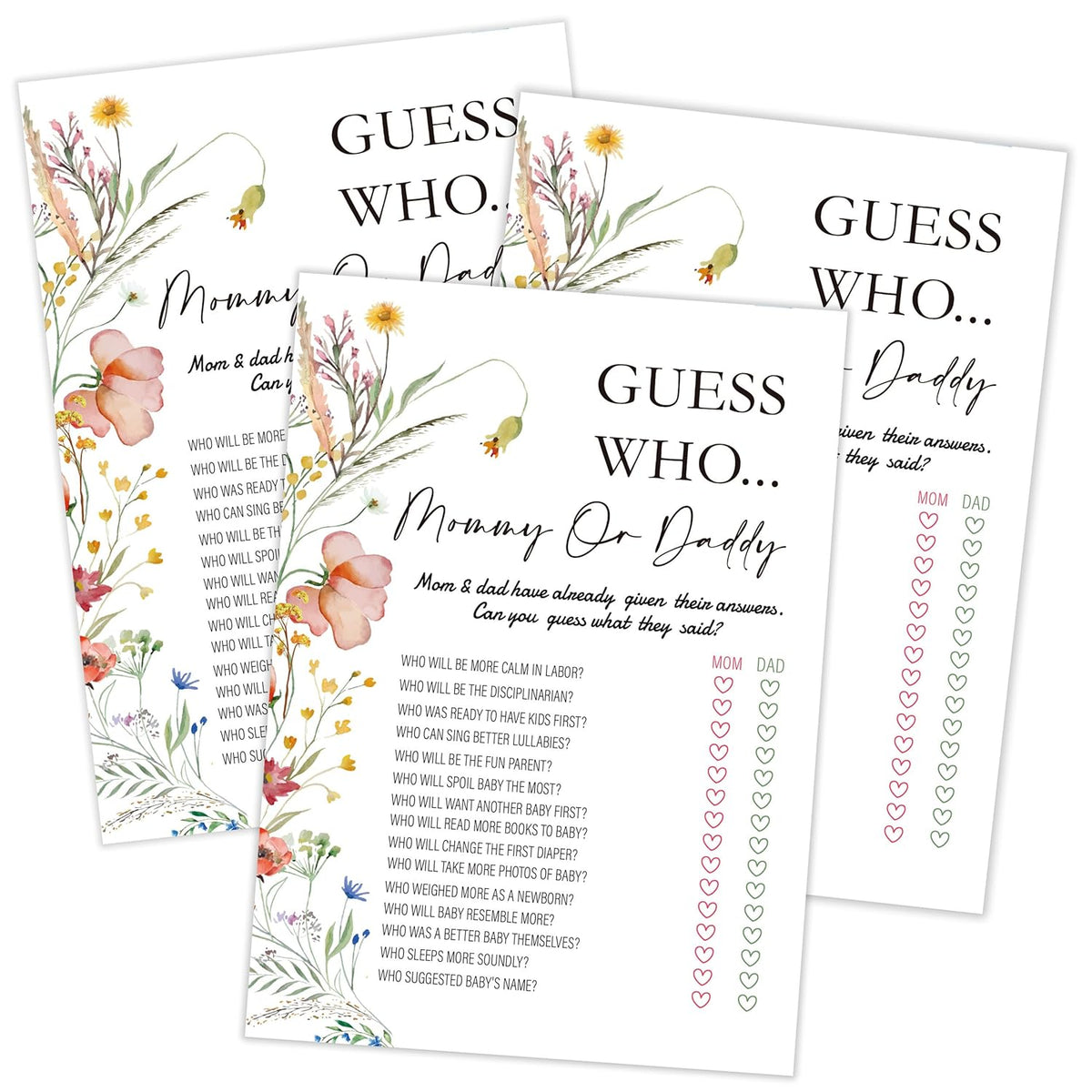 Boho Wildflower Guess Who Mommy Or Daddy Game, Baby Shower Game, Pack Of 30 Cards, Gender Neutral Boy Or Girl, Fun Baby Activity - Fa11