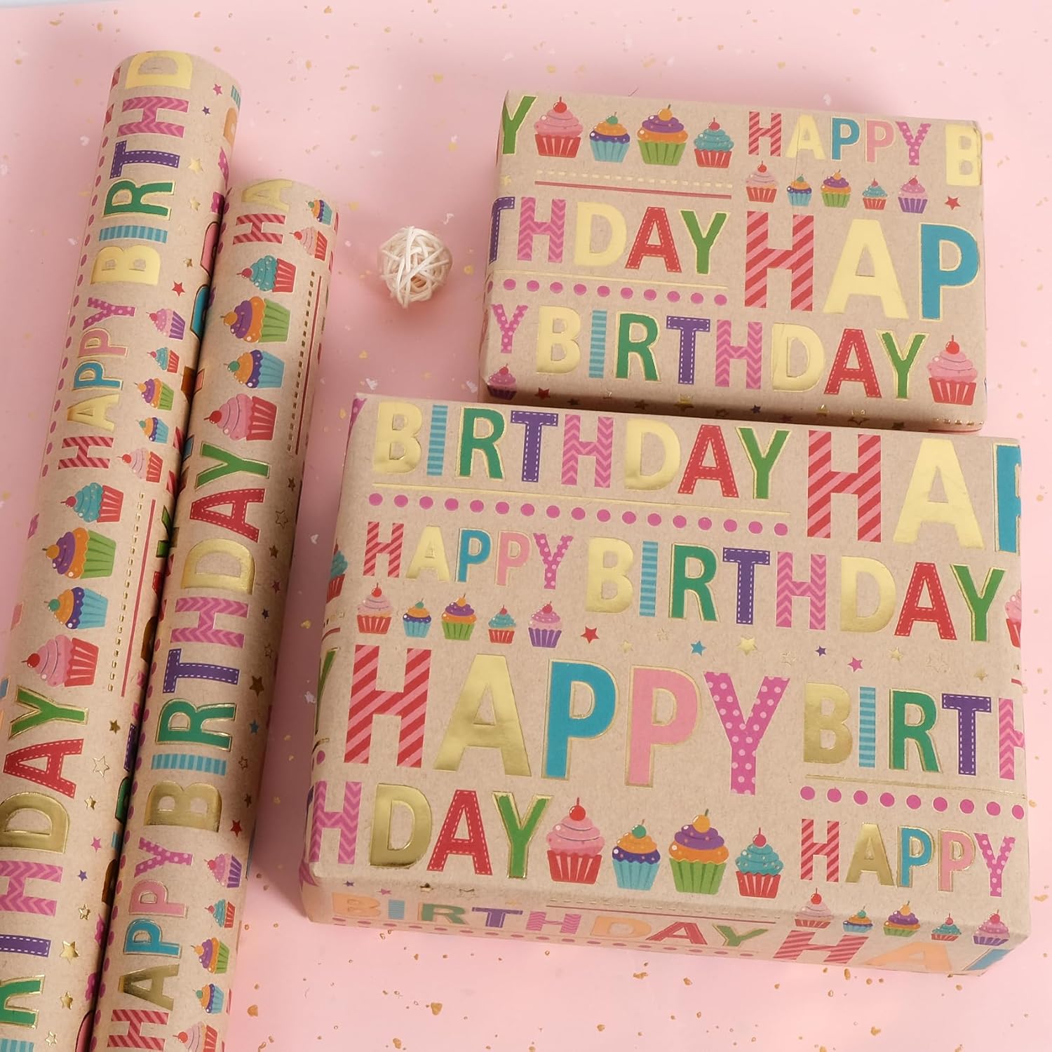 Colorful Birthday Wrapping Paper Roll - 17 Inch X 32.8 Feet - Gold Foil Happy Birthday Lettering & Cupcake Design Gift Wrap For Kids, Baby Showers