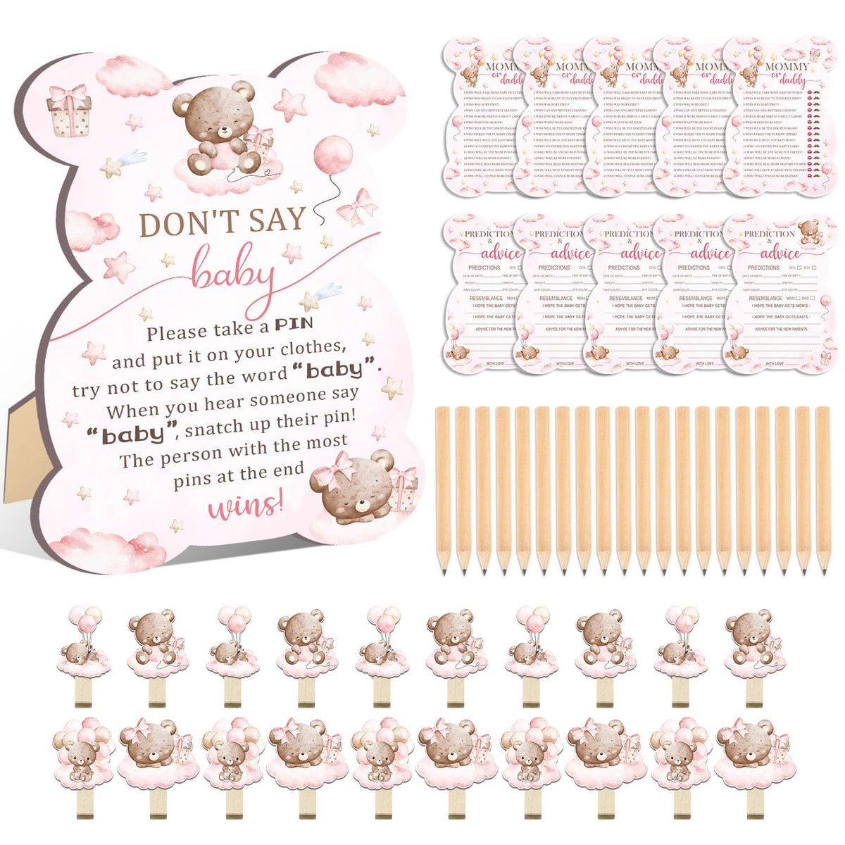61 Pcs Baby Shower Game Set, Included Predictions Advice, Mommy Or Daddy, Gender Reveal Supplies, 1 Don'T Say Baby Sign 20 Pencils 20 Clothespin, Pink Bear Baby Shower Party Decorations